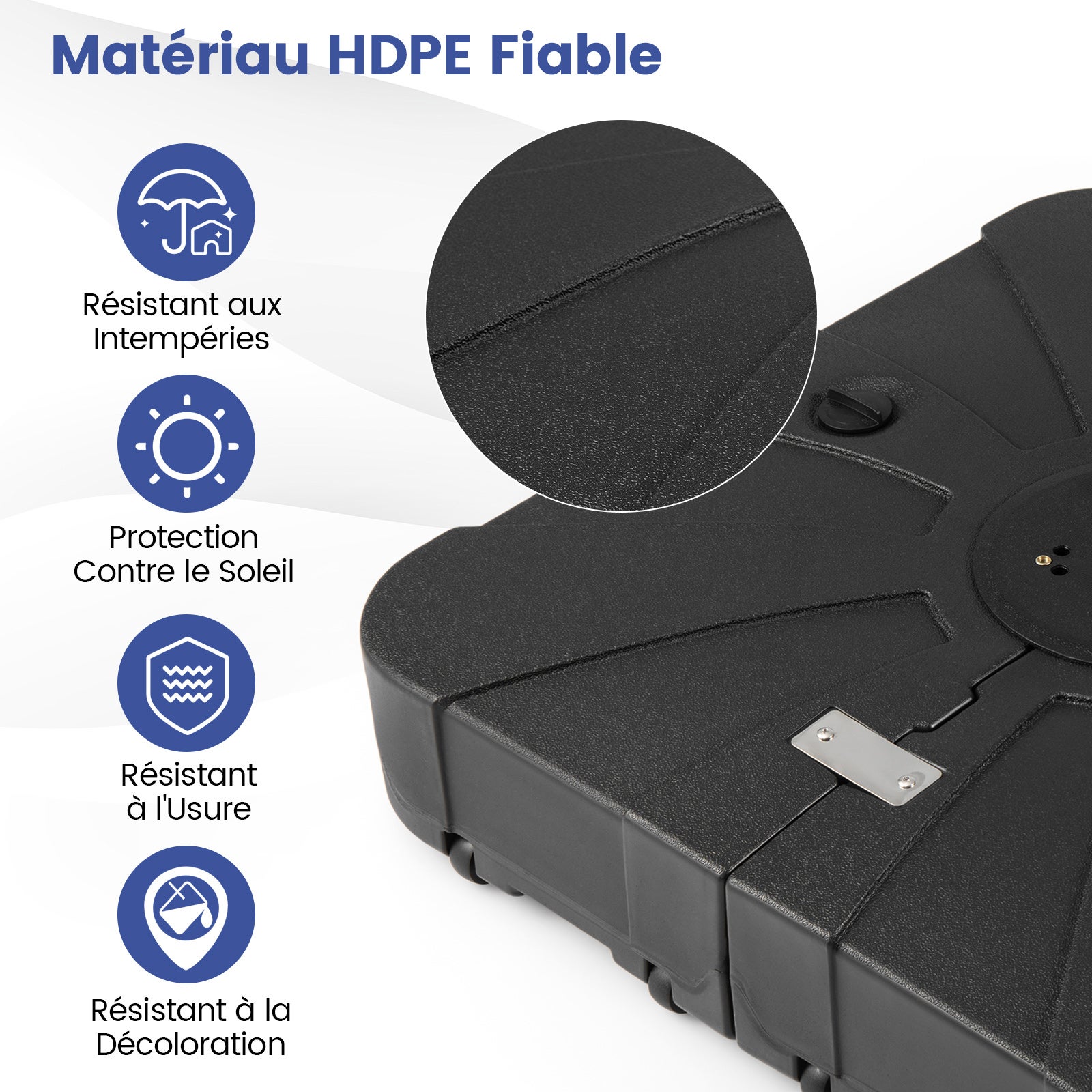 Pied de Parasol Déporté avec roulettes, Support Parasol en HDPE, Remplissable 130 kg Sable& Eau/120 kg Sable/107 kg Eau, 84 x 84 x 20 cm - 6