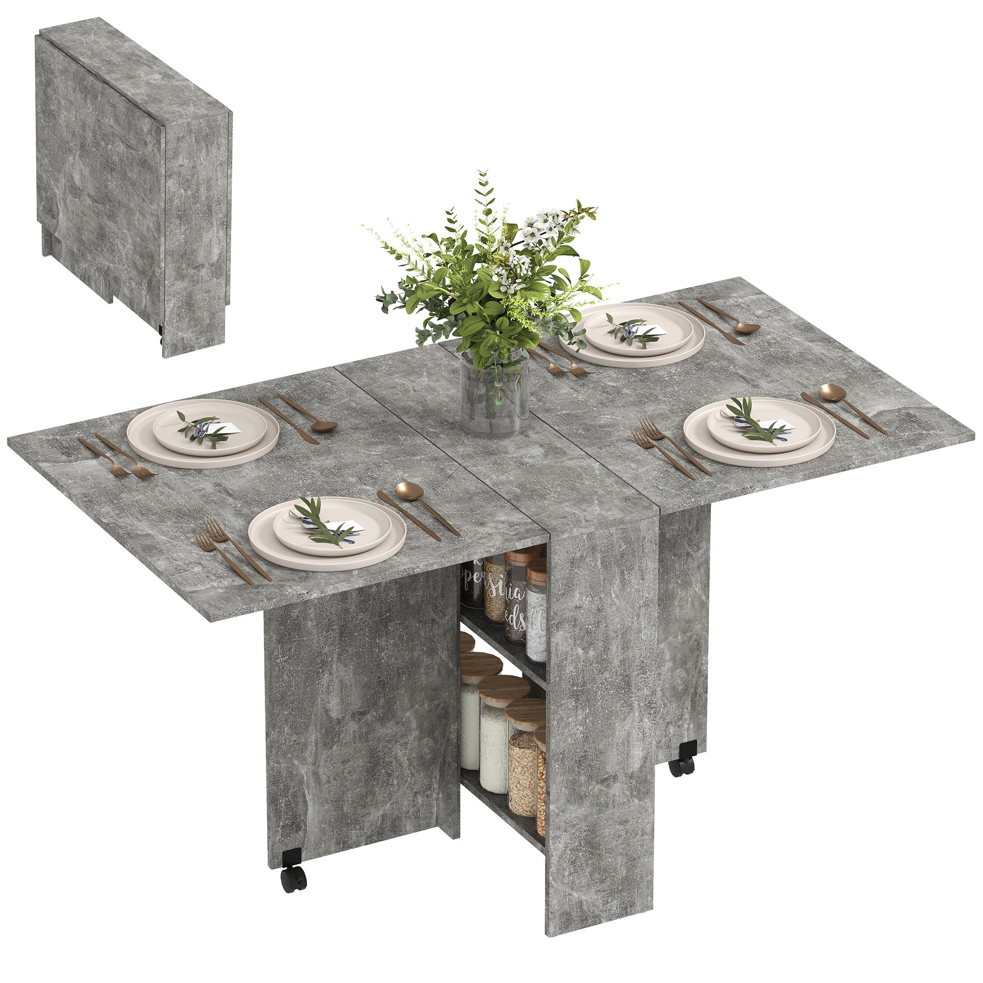Mesa de cocina plegable con ruedas 2 estantes de almacenaje y 2 alas abatibles estilo moderno 75x140x74 cm gris cemento