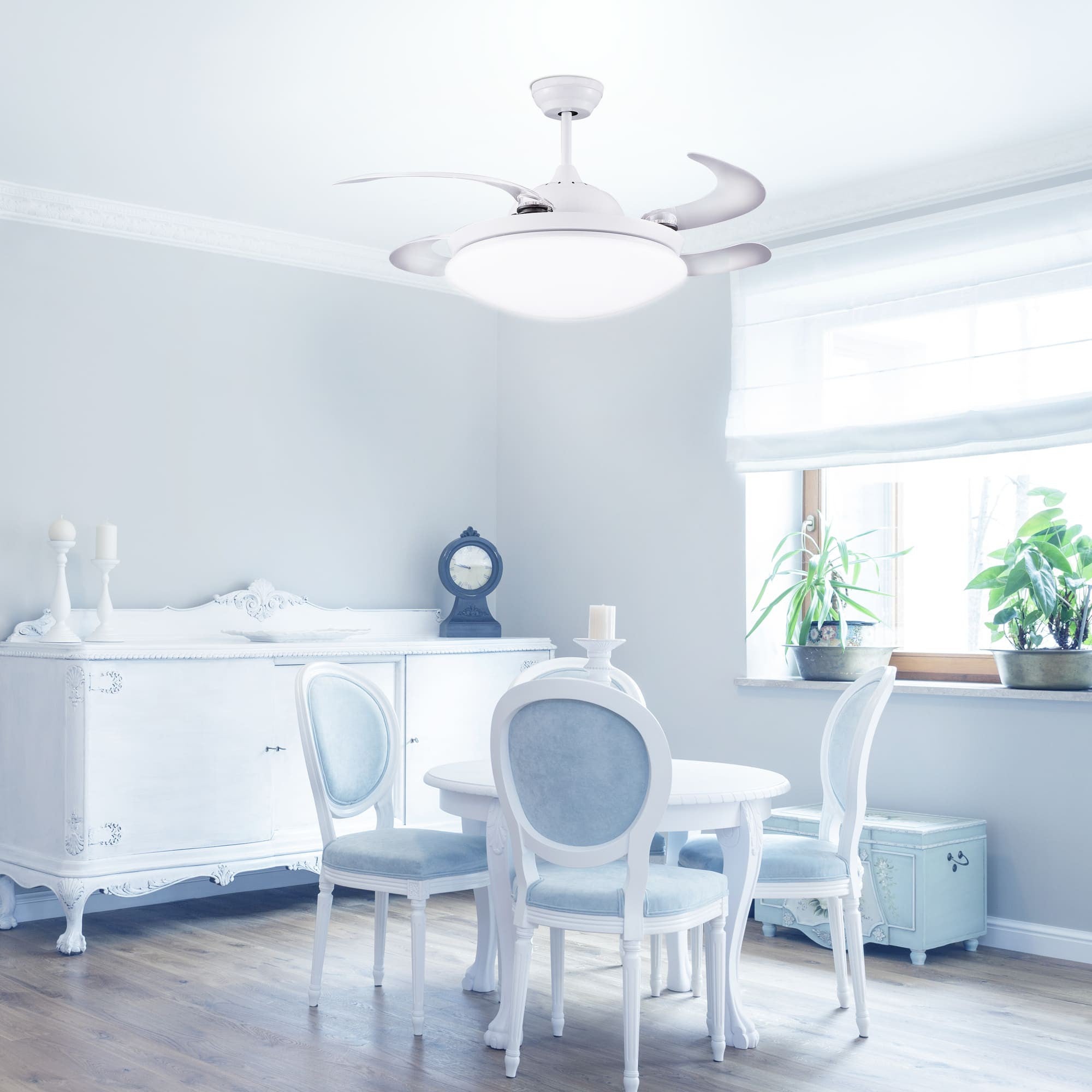 Ventilatore da soffitto luce LED 36W Twin moderno bianco con pale a discesa e telecomando ø112cm - 4