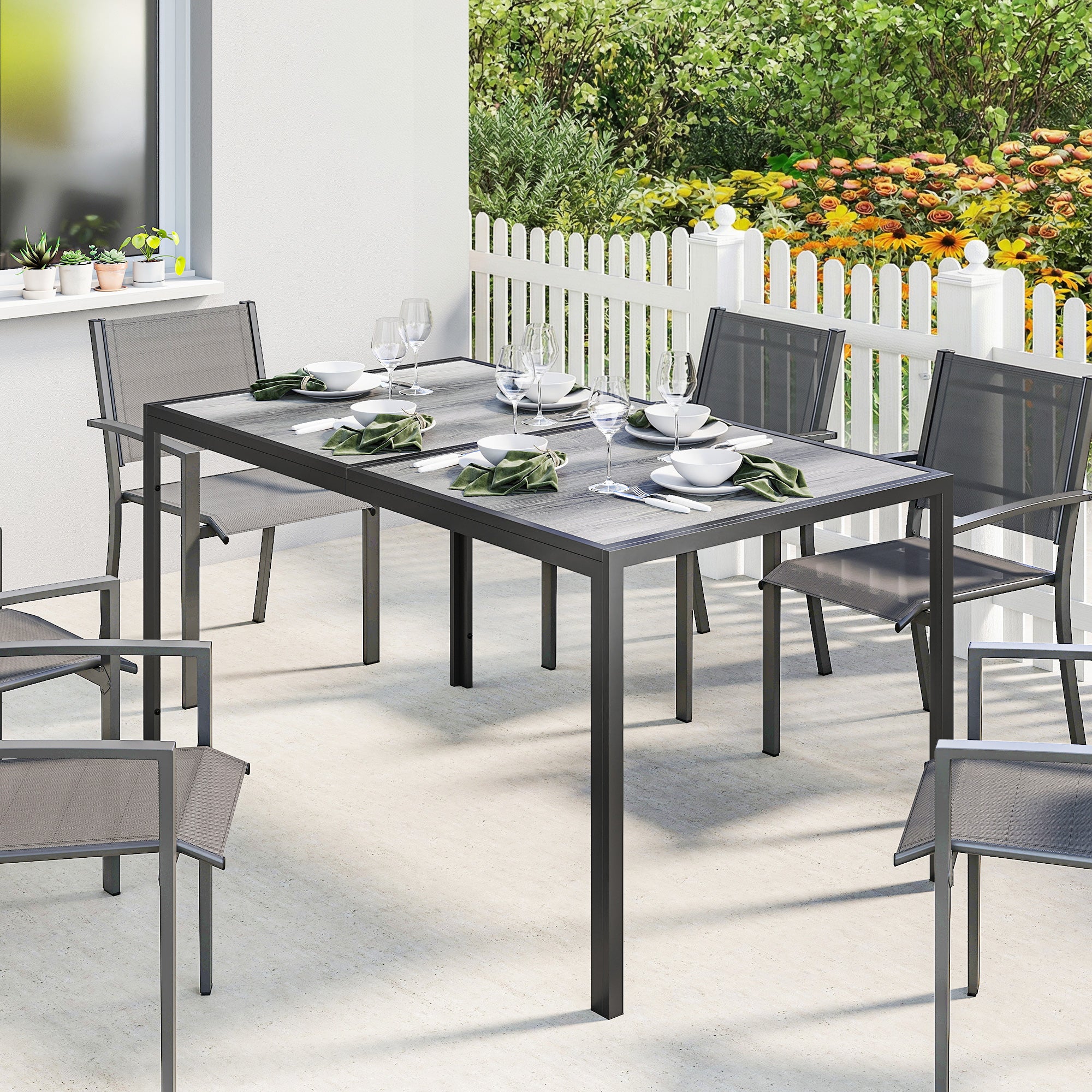 Table de jardin pour 4 à 6 personnes, table de repas d'extérieur avec plateau effet bois, 150 x 80 x 74 cm, grise - 9