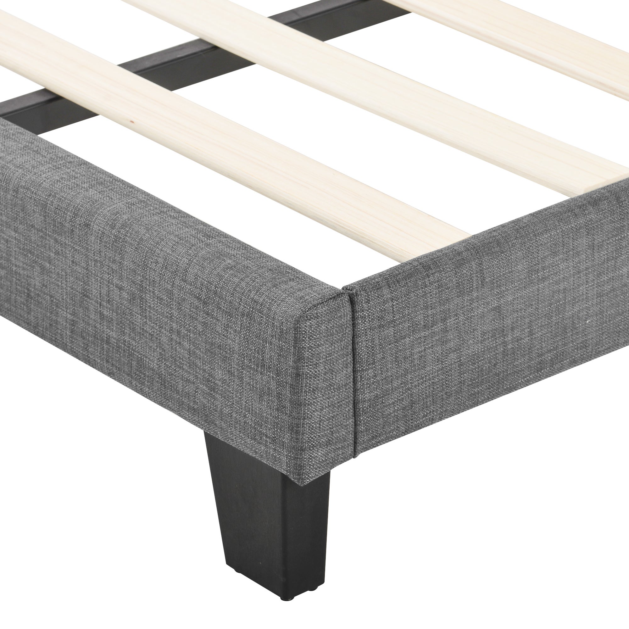 Łóżko tapicerowane z lnu - 90x200cm - z wezgłowiem i stelażem na listwy - Szare - 9