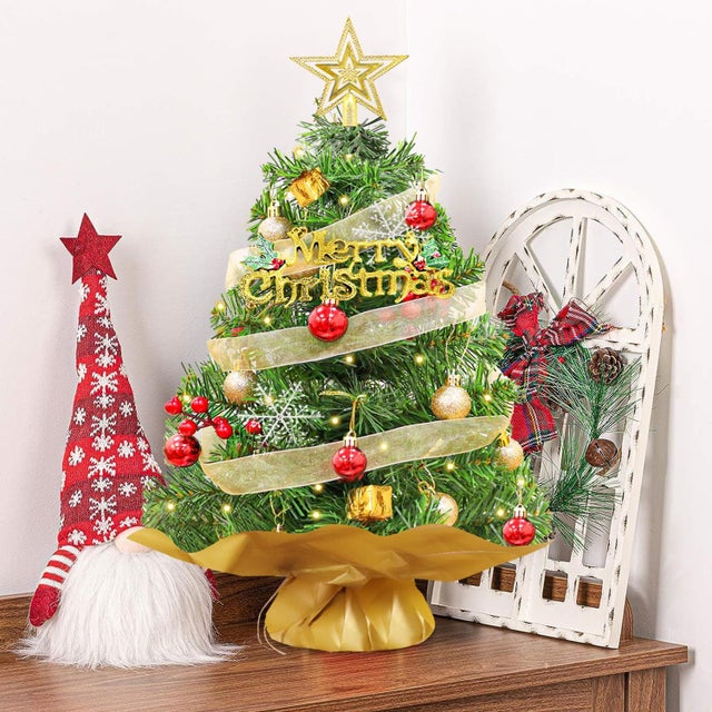 Árbol de Navidad artificial de 60 cm con luces LED, árbol de Navidad pequeño de mesa con adornos colgantes, decoraciones navideñas