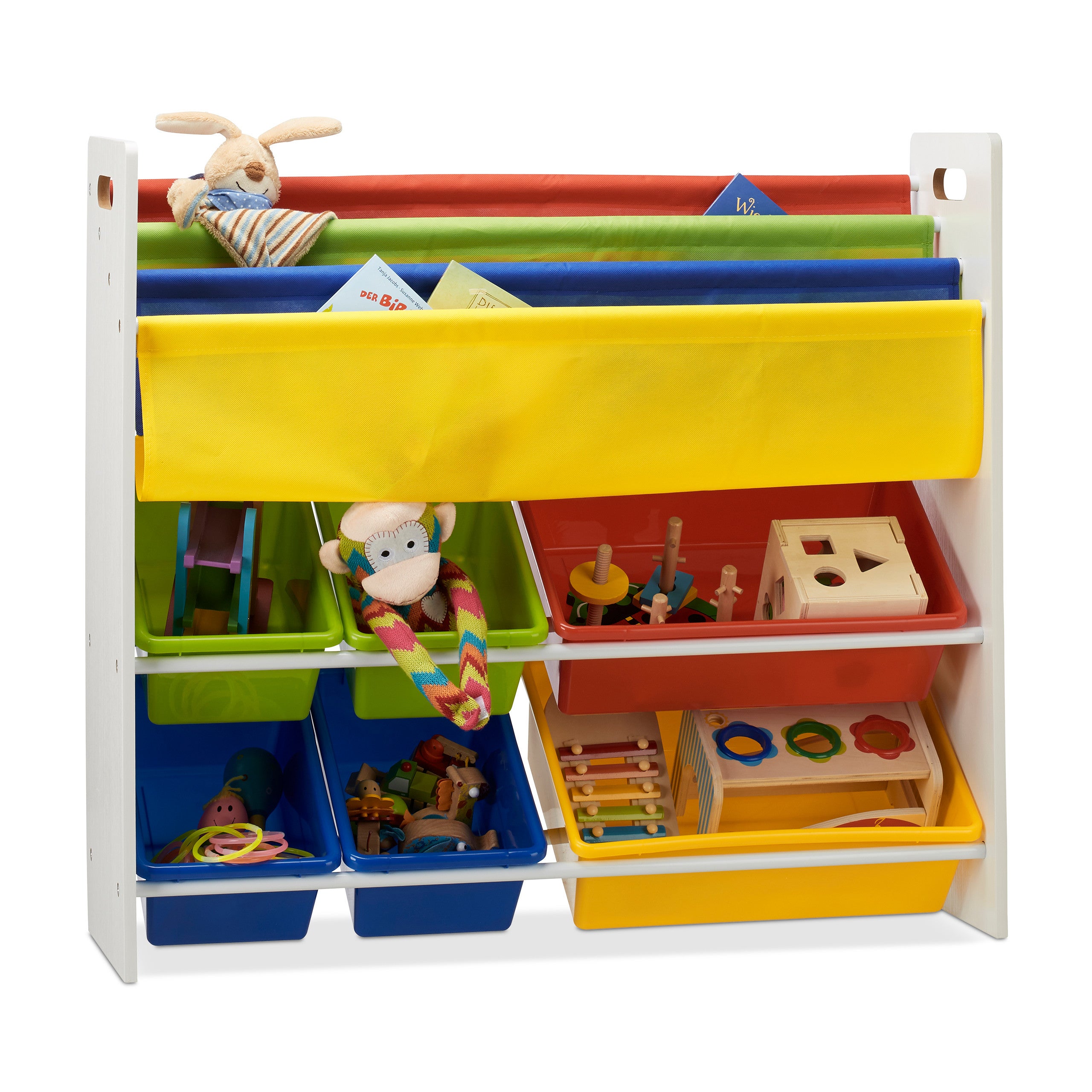 Étagère Enfants Relaxdays - 9 Boîtes Rangement Colorées - Motifs Feu - MDF Et Plastique - 67x65x31.5 Cm
