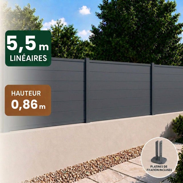 Kit clôture RECIFE Aluminium anthracite 5,47m poteau 60x70mm gris sur platines 0,86m