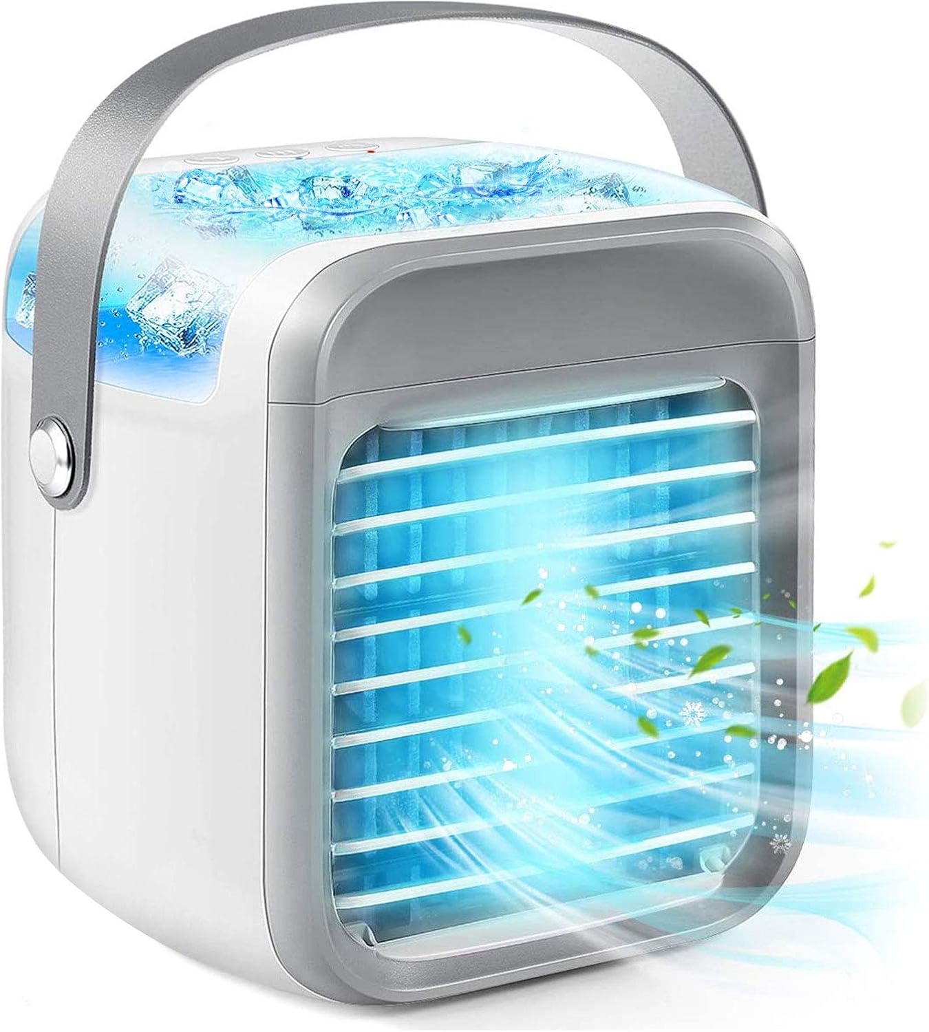 Przenośny klimatyzer ewaporacyjny, mini klimatyzator osobisty 3 w 1 z uchwytem, 7 LED, nawilżacz, oczyszczacz, 3 prędkości