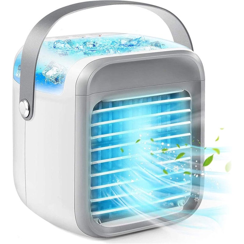 Przenośny klimatyzer ewaporacyjny, mini klimatyzator osobisty 3 w 1 z uchwytem, 7 LED, nawilżacz, oczyszczacz, 3 prędkości