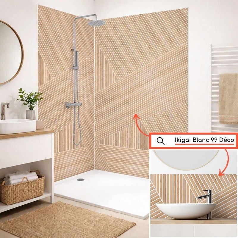 Crédence de salle de bain en PVC motif bois Beige 140x30 cm (en 2 bandeaux) - Ikigai Blanc - 5