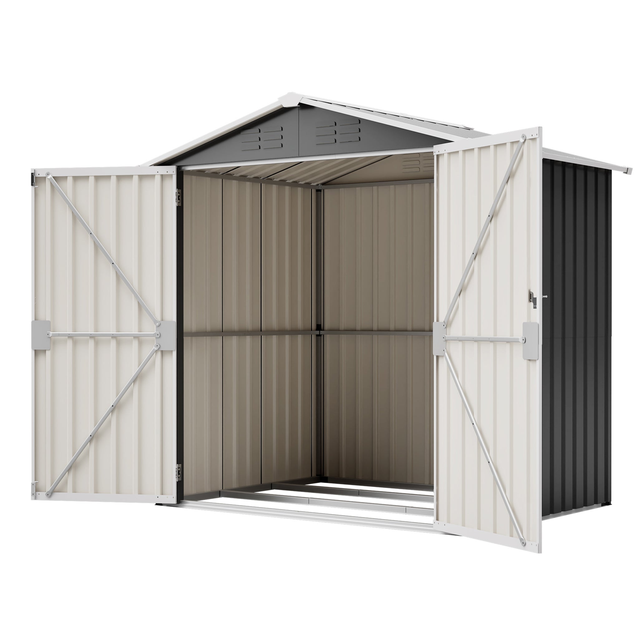 Abri de jardin en métal, dimensions142x185cm,avec trous de ventilation,comprenant une base en métal et une porte verrouillable. Gris - 2