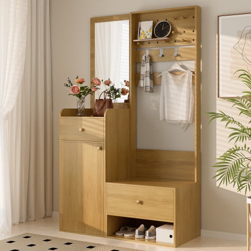 Armoire compacte, étagère d'entrée multifonctionnelle et moderne – élégant meuble de rangement couleur bois avec miroir, crochets, 105 cm - 4