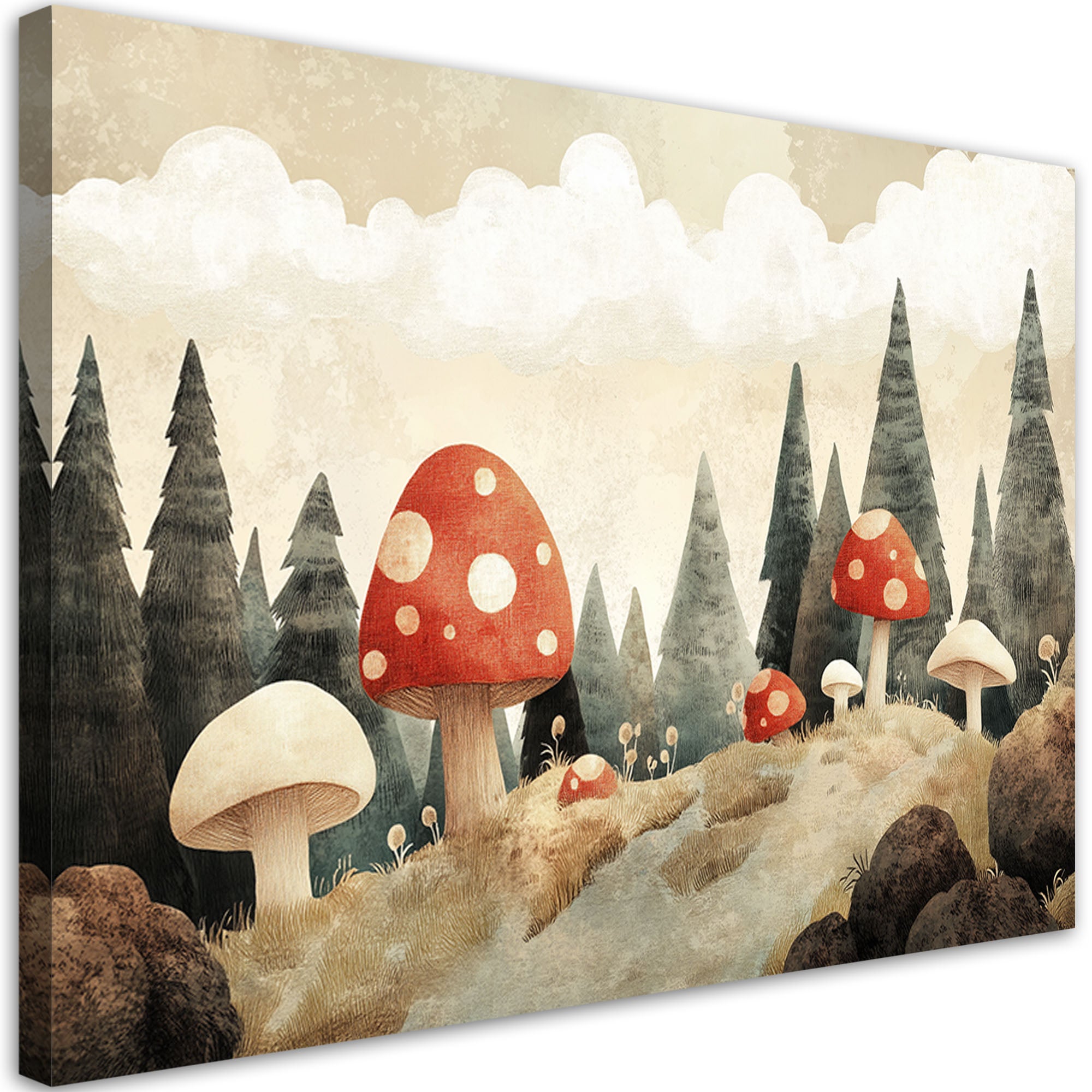 Obraz do pokoju dziecka, Grzyby Las Drzewa Natura Beżowy 120x80