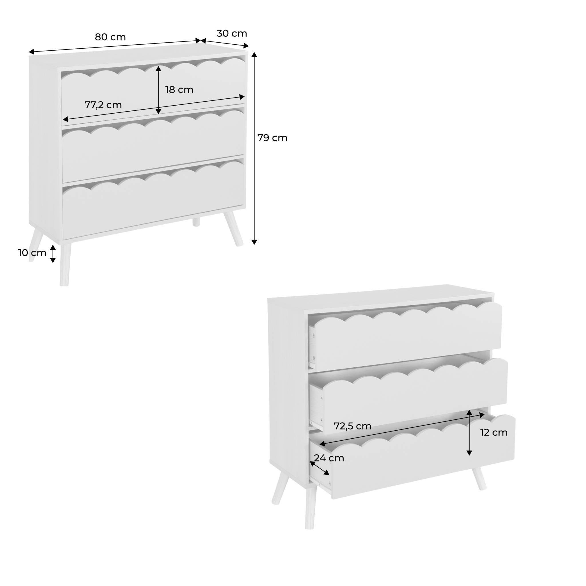 Commode enfant décor bois blanc 3 tiroirs. pieds bois de pin - 80 x 30 x 79 cm - Azur AZUR - 4