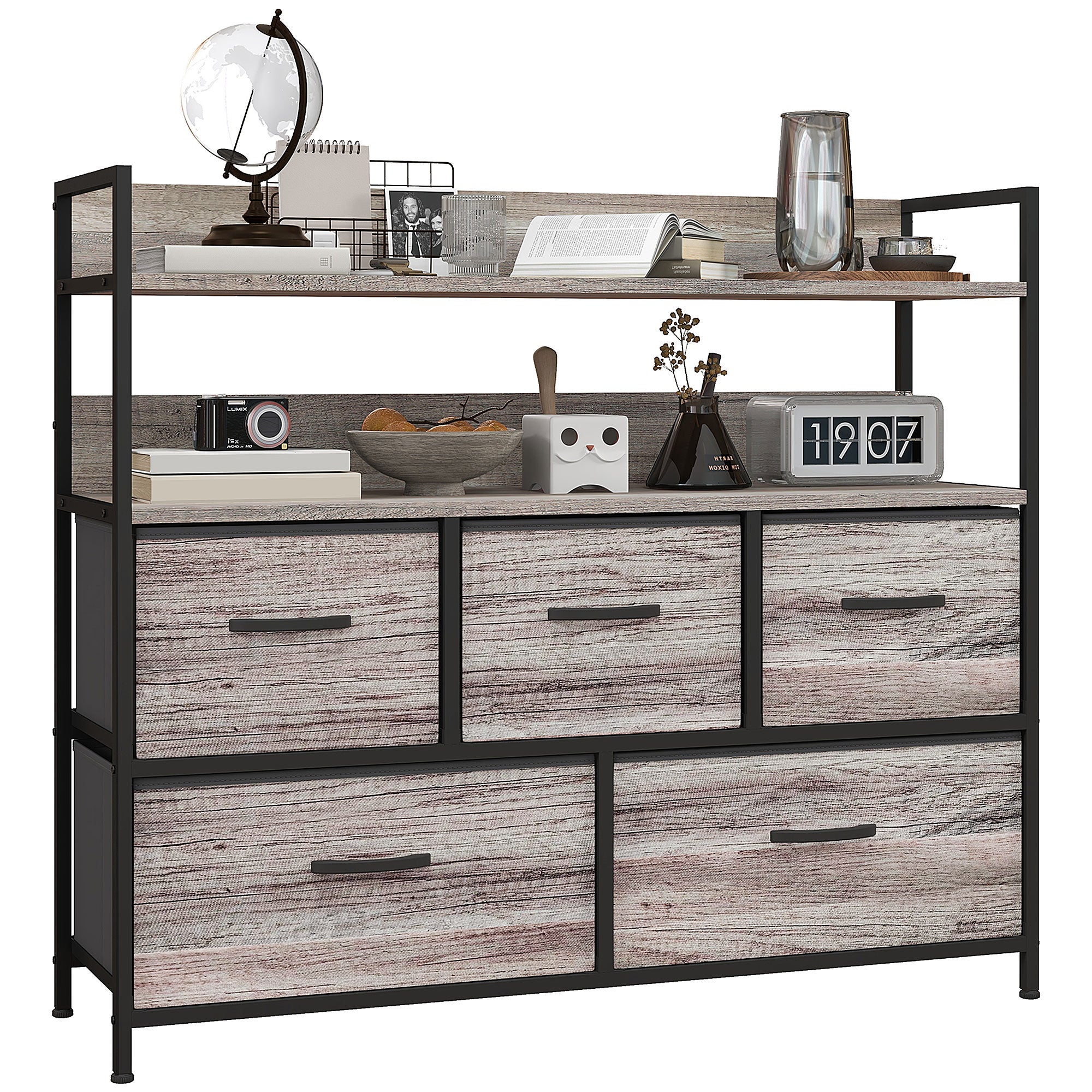 Commode rustique à cinq tiroirs en tissu - Effet bois gris | Leroy Merlin