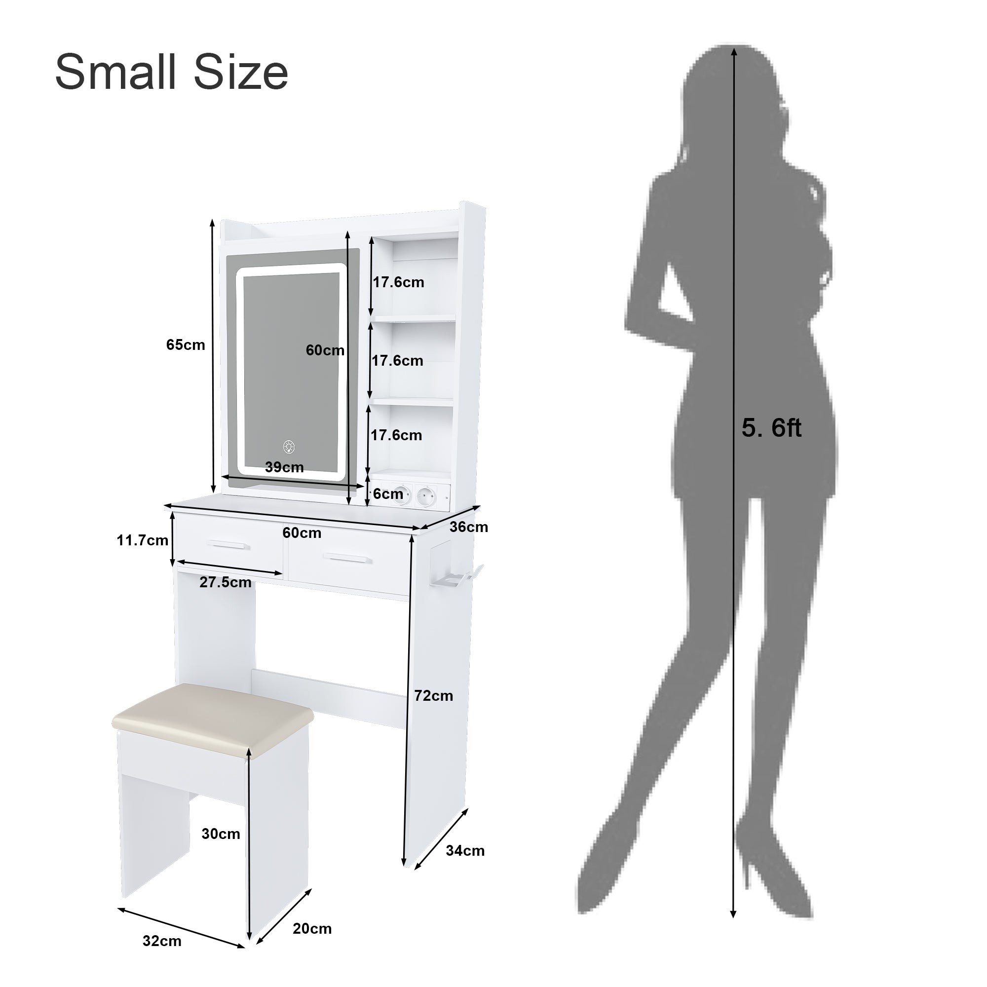 Petite coiffeuse blanche avec éclairage LED réglable, tabouret et rangements. Idéale pour les petites chambres. Dimensions&nbsp;: 60&nbsp;×&nbsp;136&nbsp;×&nbsp;36&nbsp;cm. - 4