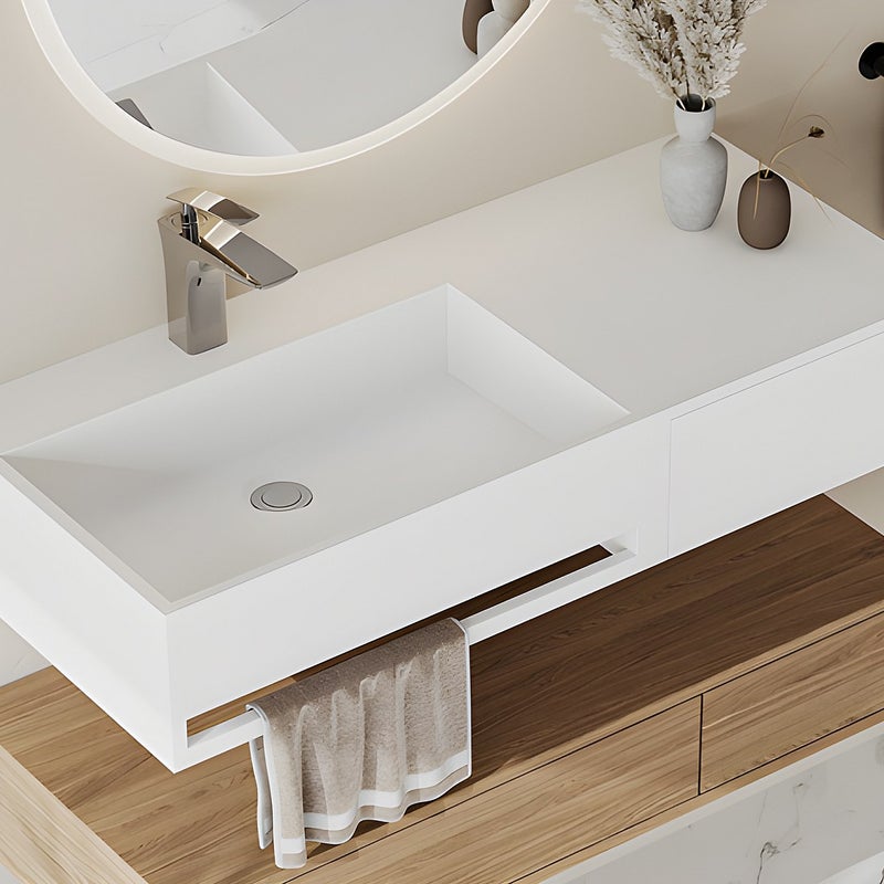 Umywalka wisząca z litą powierzchnią z wieszakiem na ręczniki – Biała – Szer. 90 x Głęb. 40 x Wys.17 cm – GANDAKI