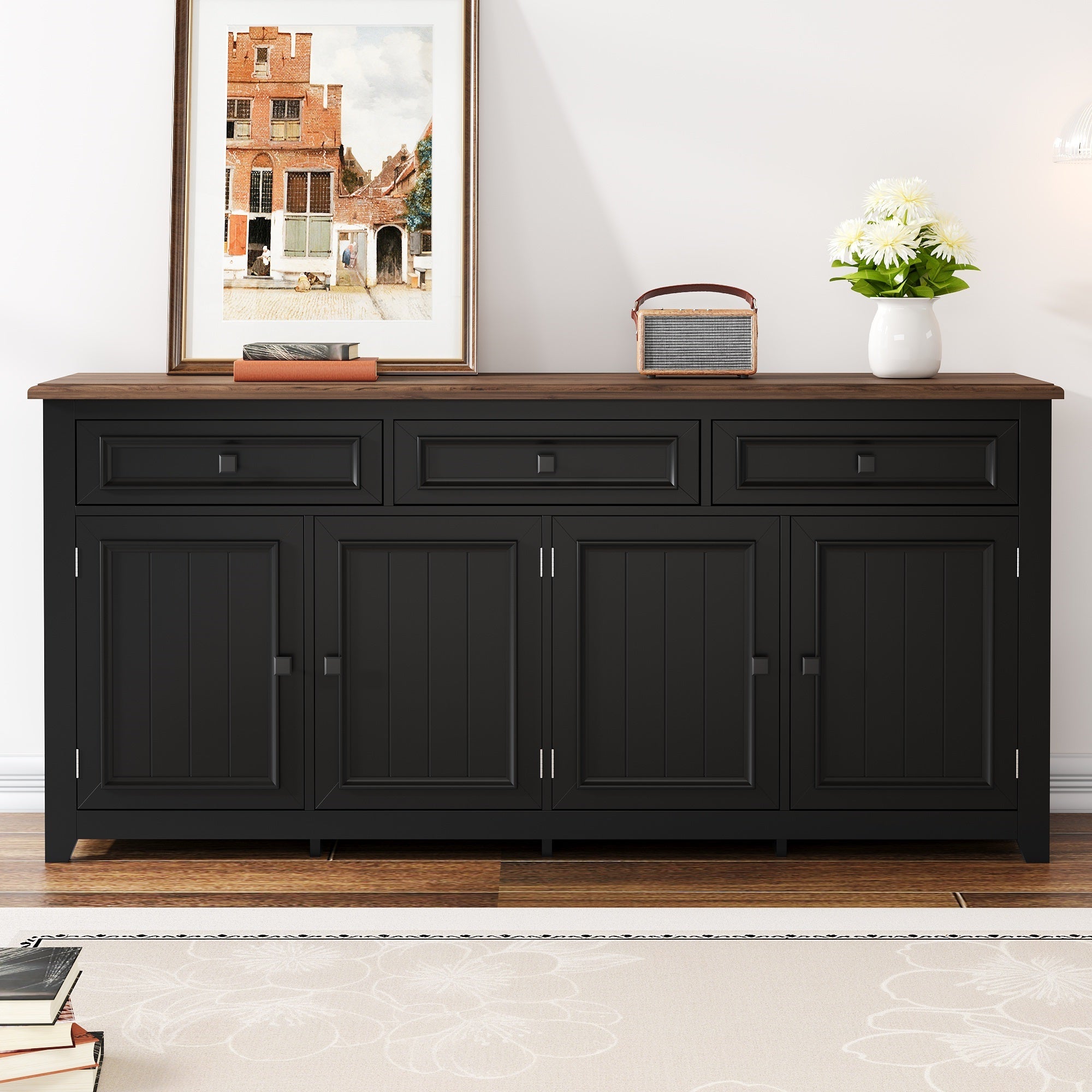 Nowoczesna komoda z 3 drzwiami i 2 szufladami - 160 x 35 x 76 cm - MDF - do salonu, kuchni - czarna - 6