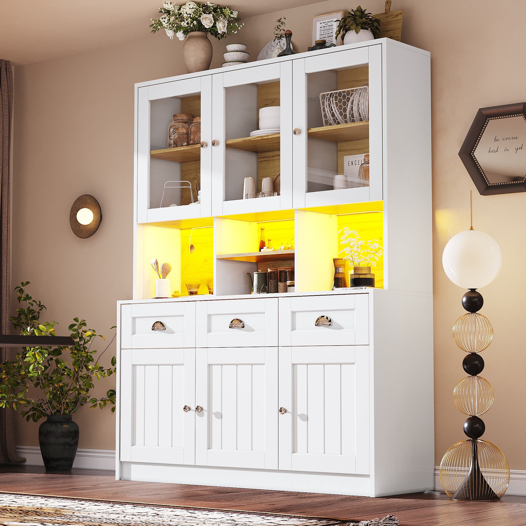 Credenza da cucina con 6 ante e 3 cassetti, vetrina - 140 x 40 x 175 cm - LED - MDF - Bianco - 9