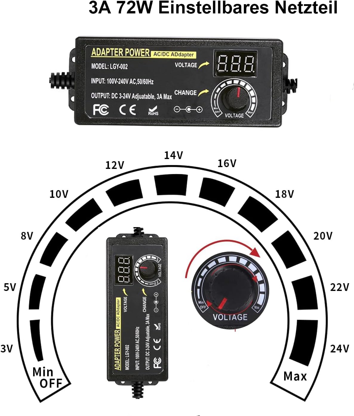 Alimentatore Universale Regolabile 3-24V 72W Con Display LED E 14 Adattatori - 2