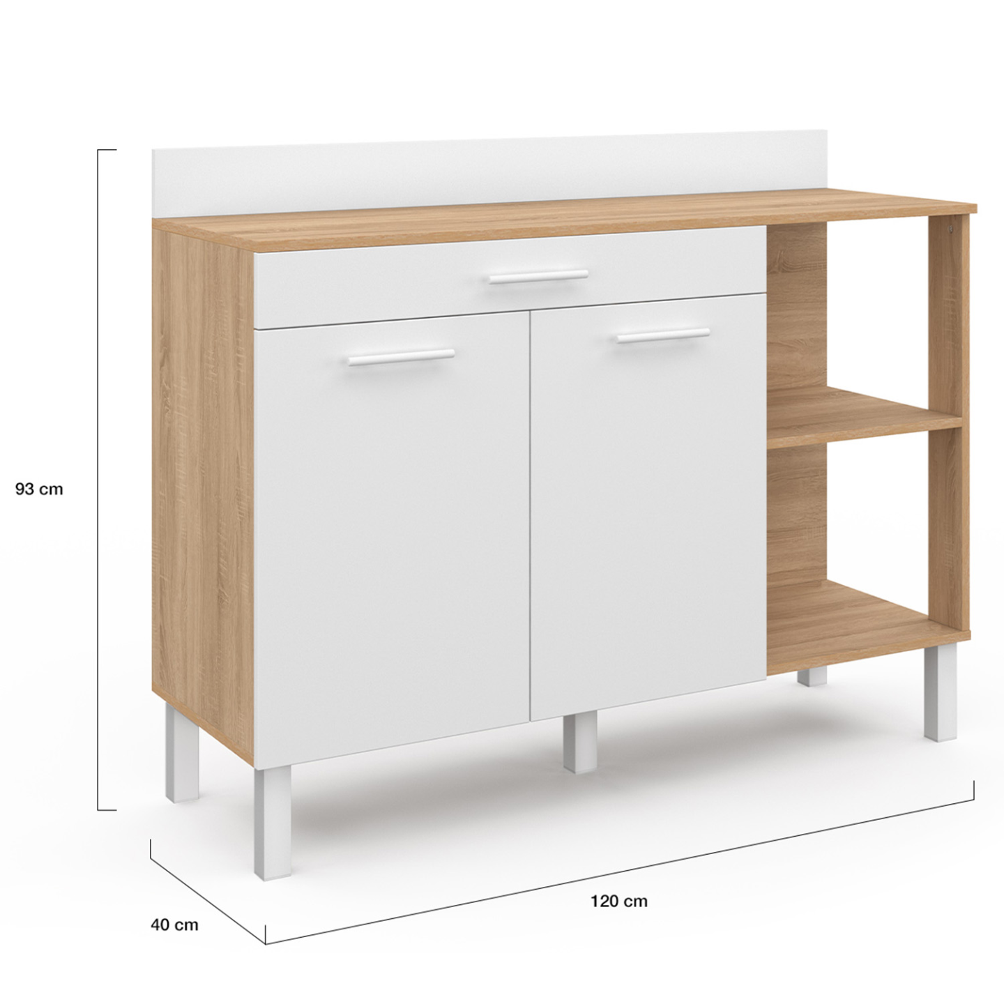Buffet bas de cuisine 120 cm CINA plan de travail H.83 cm 2 portes + tiroir façon hêtre et blanc - 5