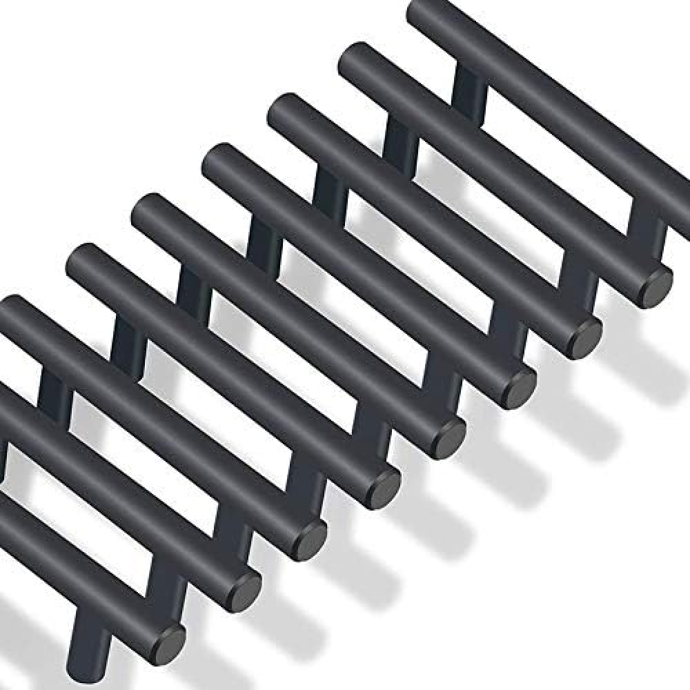 Zestaw 10 czarnych uchwytów w kształcie litery T do szuflad i szafek kuchennych – rozstaw otworów 64 mm, nowoczesny design