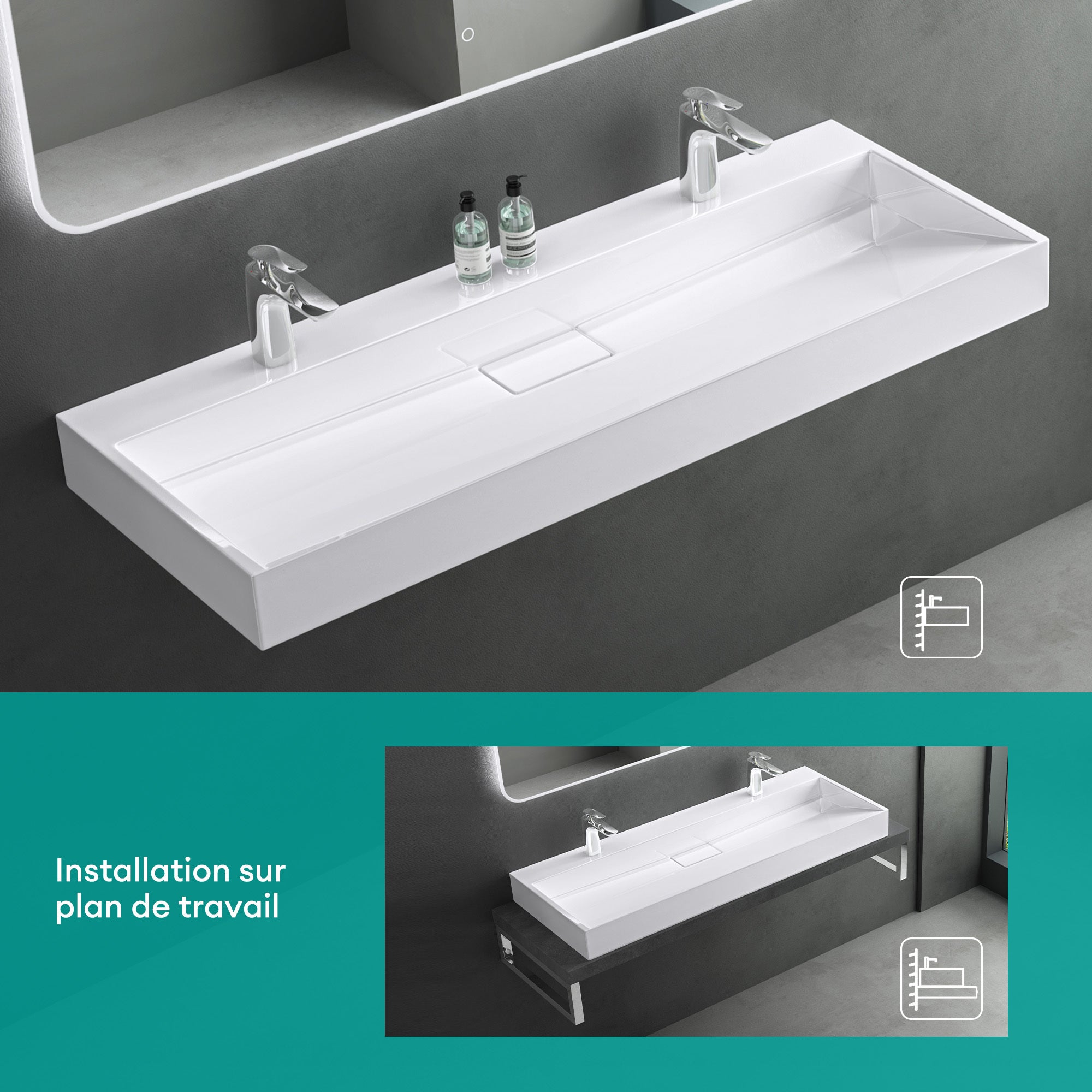 Mai & Mai Lavabo Suspendu Blanc 120x46x11cm Vasque à Poser Rectangulaire avec Perçage pour Robinet avec Bonde et Cache Bonde Col19 - 4