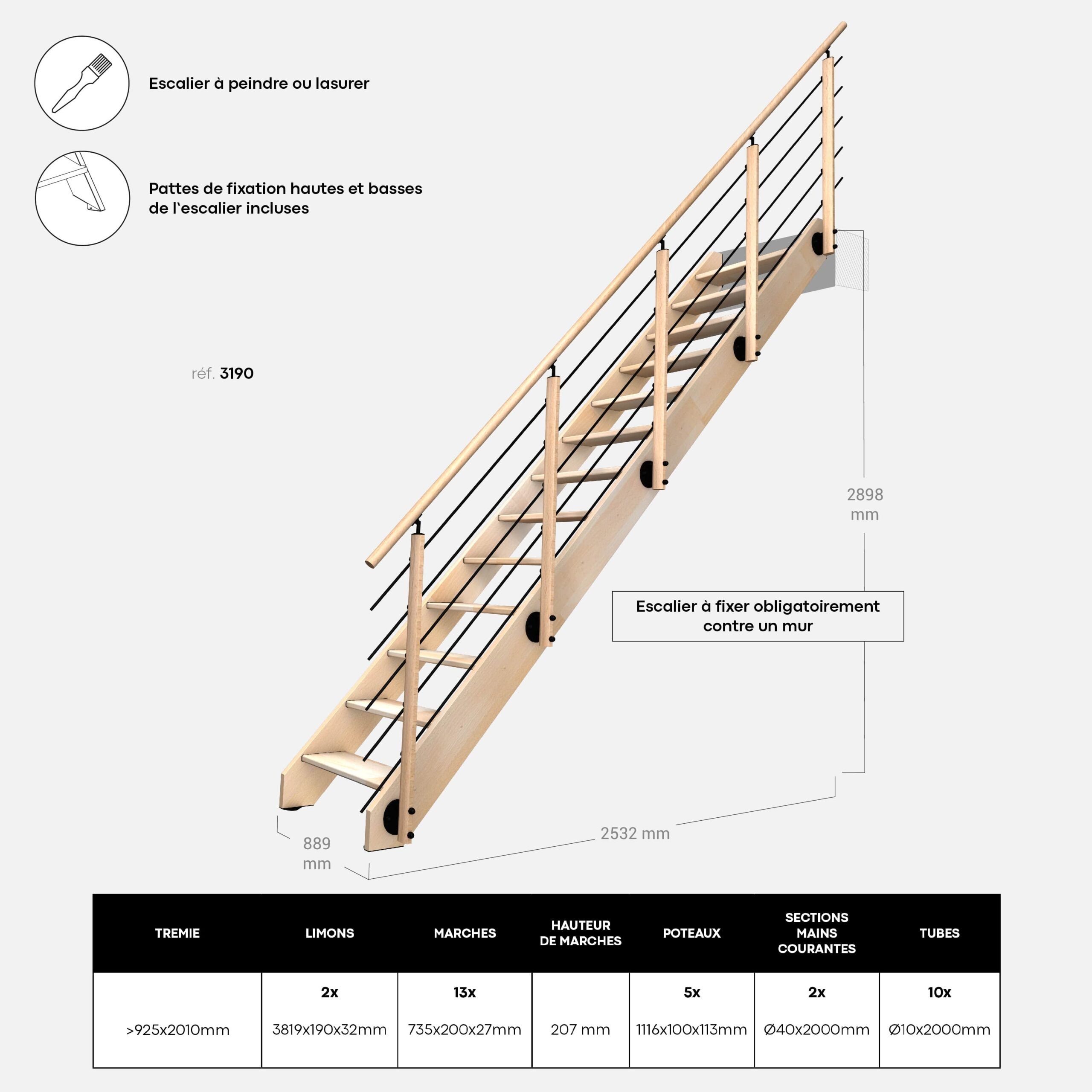 Escalier bois hêtre droit avec garde-corps, Nostra KORDO - 3