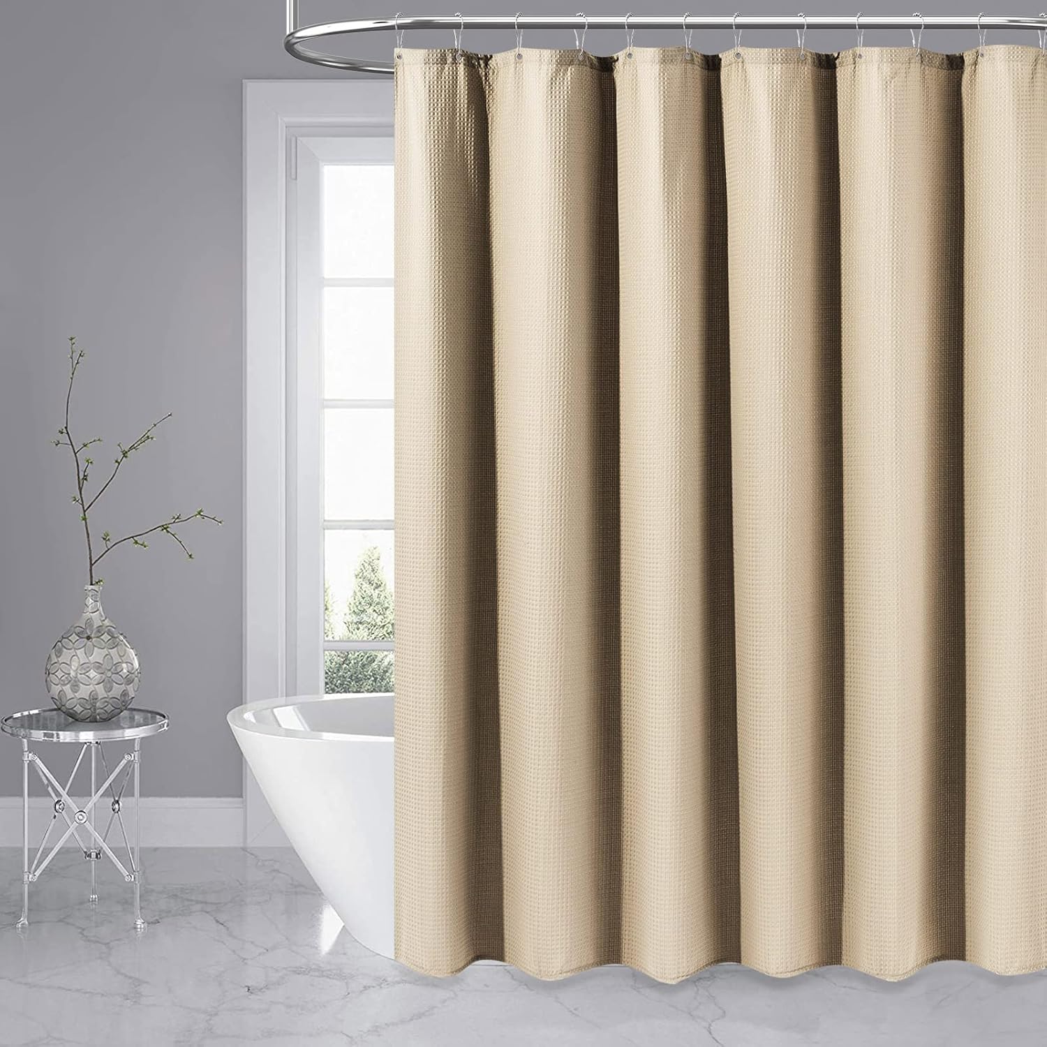 Cortină de duș cu motiv șifonat (cu cârlige) – Țesătură impermeabilă, bej, 183 cm x 213 cm