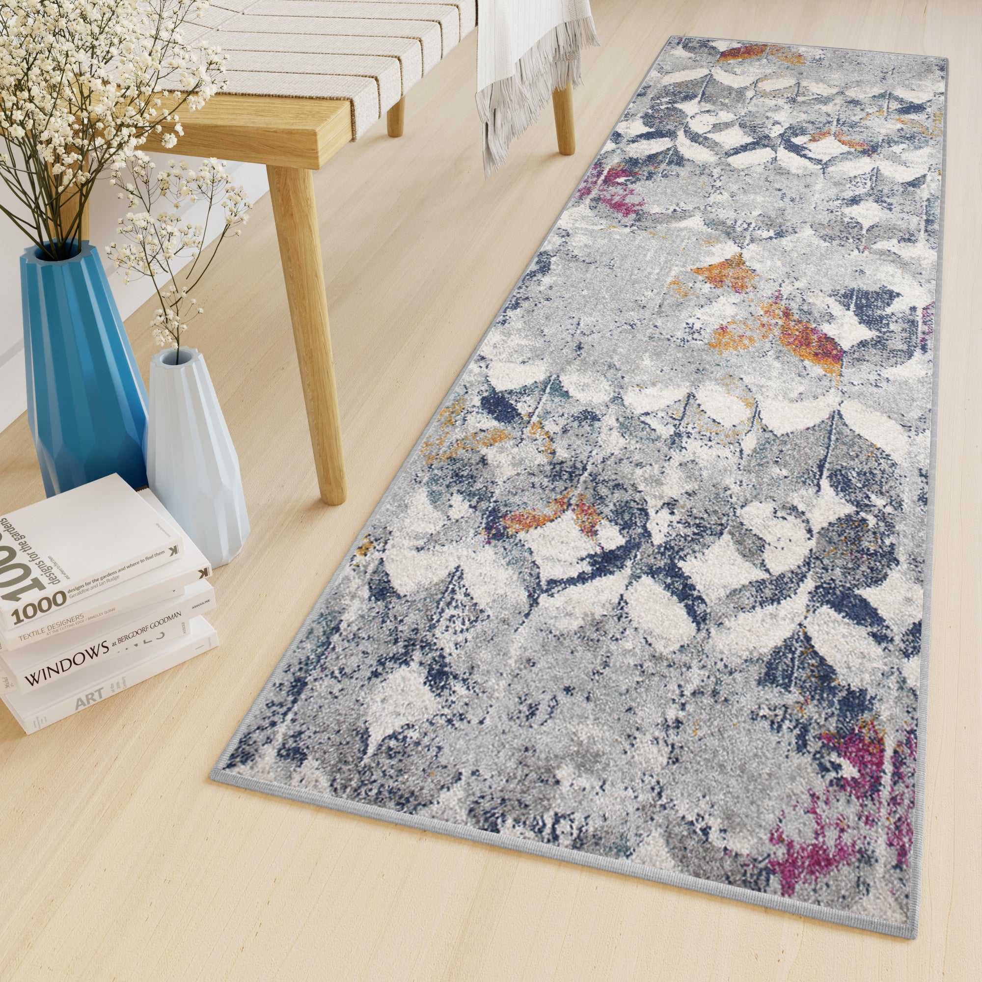Tapiso lazur alfombra de pasillo corredor moderna gris crema azul naranja rosa abstracta 70 x 330 cm