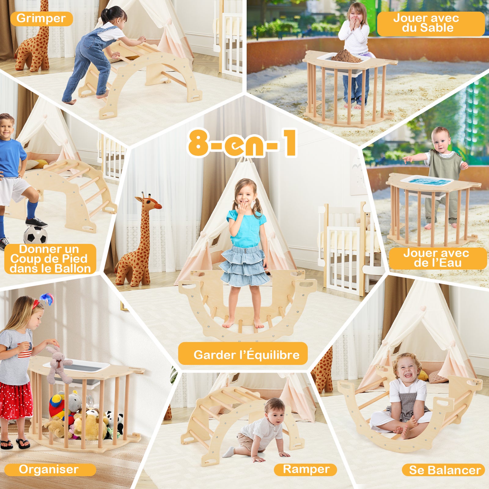 8 en 1 Arche d'escalade Montessori en Bois avec Bac Pliable, Chaise à Bascule Enfant avec Dispositif Anti-basculement,Charge 50kg pour 3 Ans+ - 5