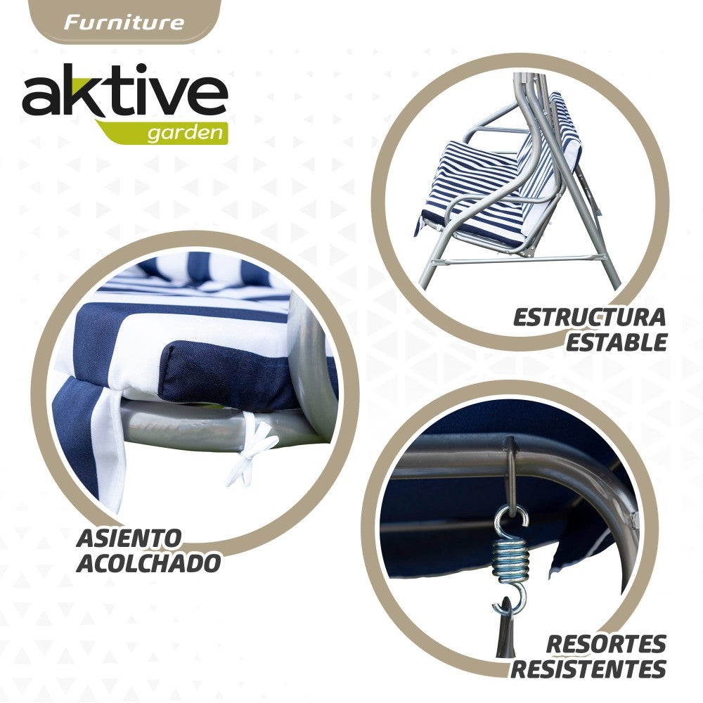 Assento de balanço de jardim azul e branco com toldo basculante de 3 lugares Aktive - 6