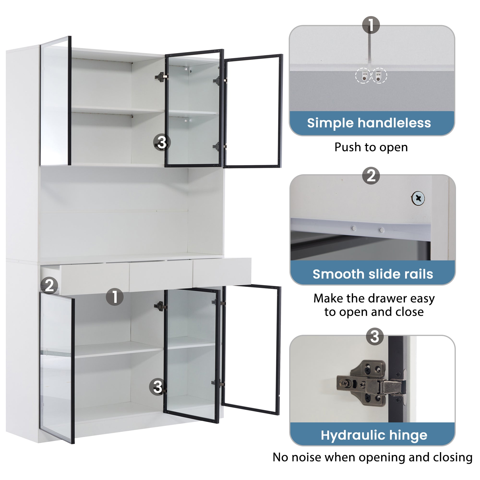 Vitrine avec 6 portes en verre et 3 tiroirs - 120 x 36 x 200 cm - LEDs - Panneaux de particules - Blanc - 8