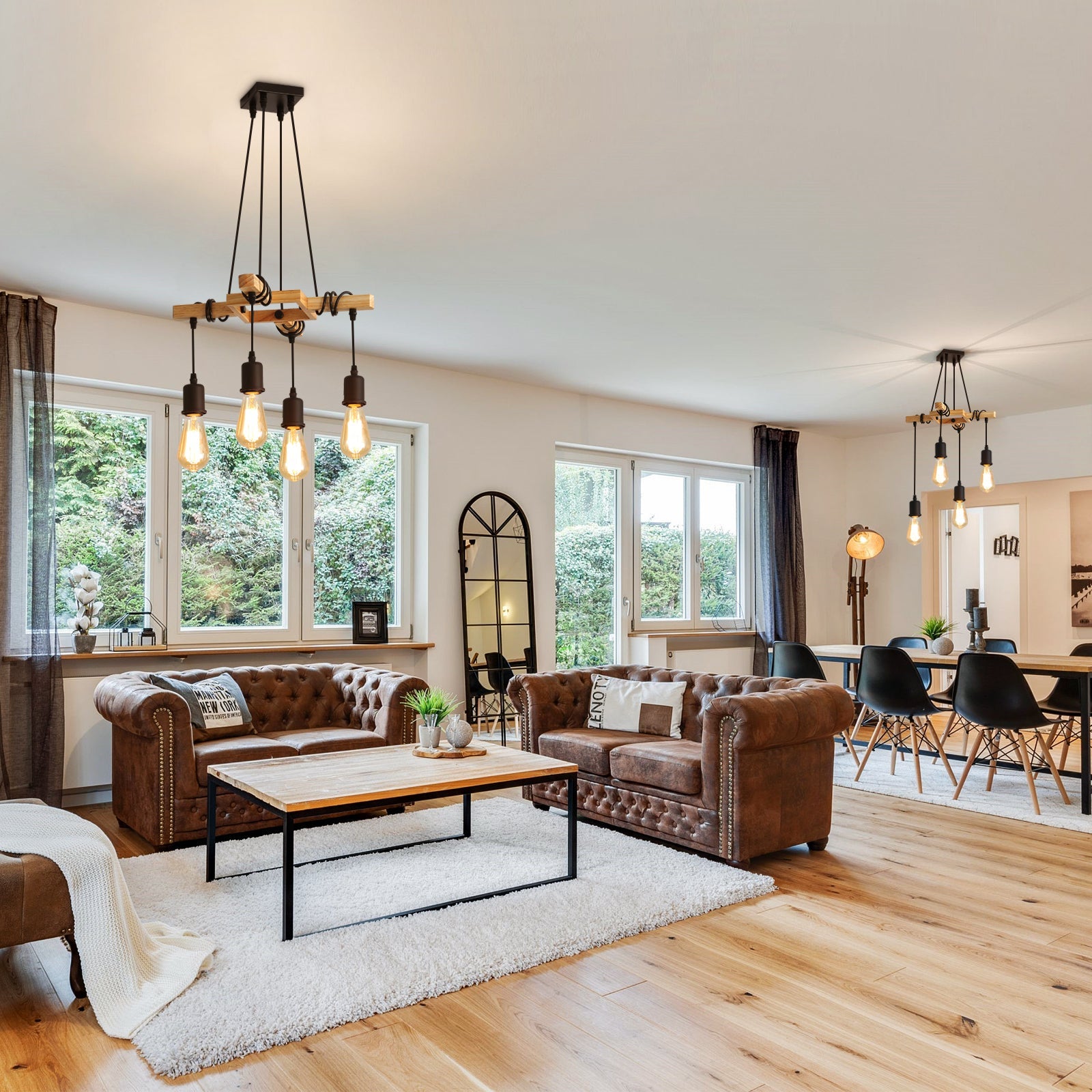 GOECO Suspension Luminaire Industrielle, Luminaire Plafonnier Vintage en Bois Noir, 4 culots E27, Lustre Industrielle pour salon Salle à manger - 2