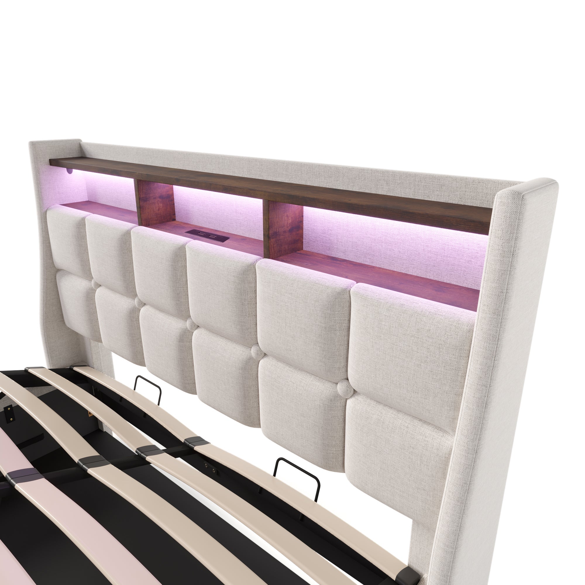 Cama con almacenaje de lino 160x200 cm con LED y puertos USB - somier - beige - 7