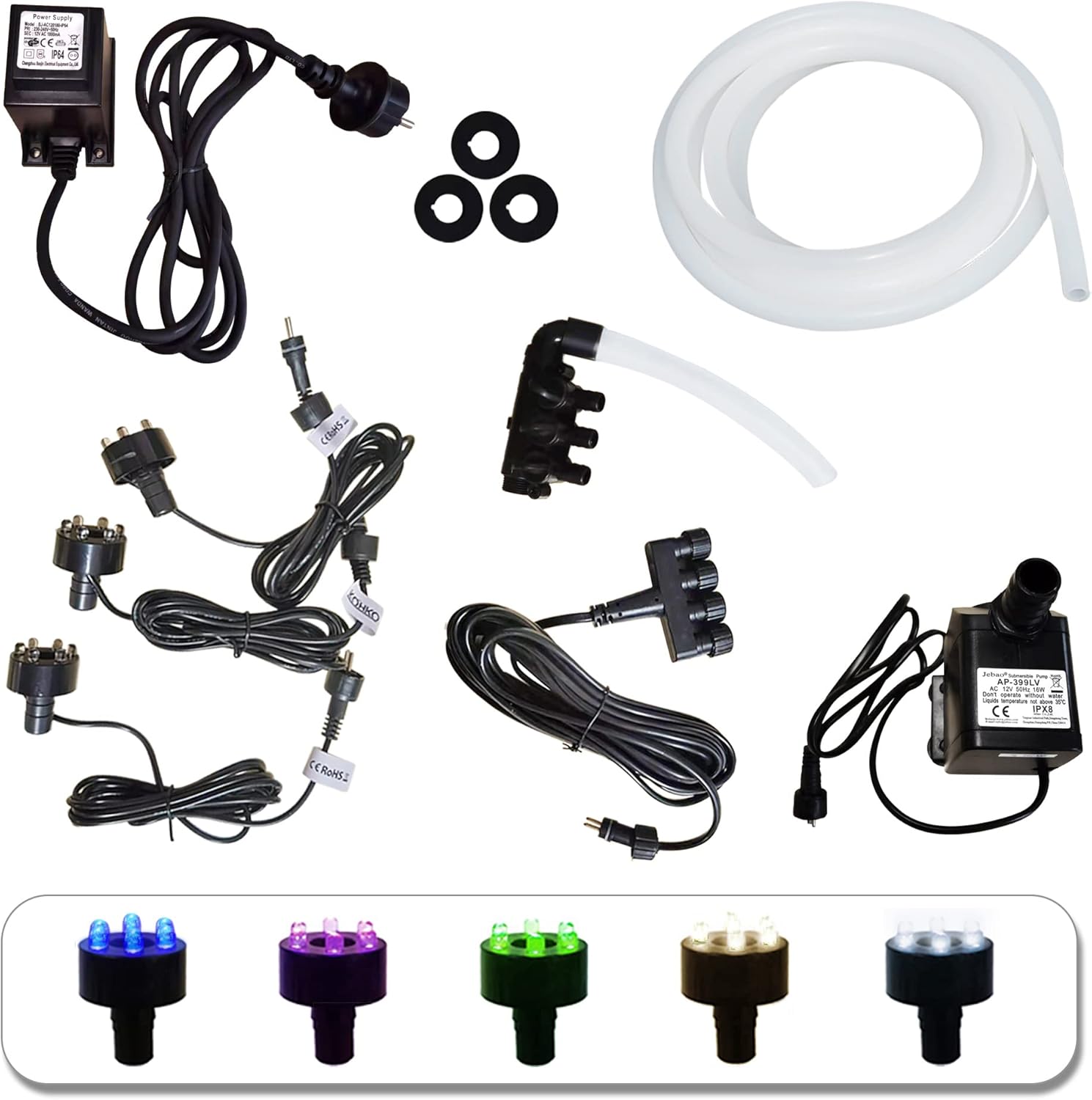 Zestaw pomp Köhko 1000l/h do fontanny:3LED ciepła biel,rozdzielacz wody 3-drożny,rozdzielacz mocy 4-drożny,wąż,przedłużacz 5m,trafo,uszczelka piankowa