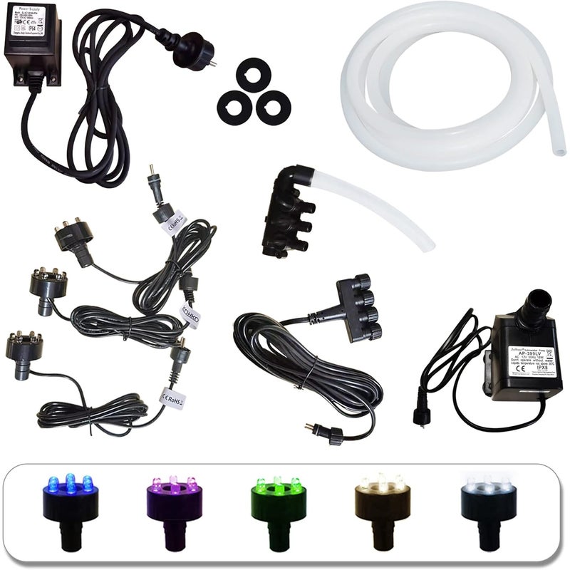 Zestaw pomp Köhko 1000l/h do fontanny:3LED ciepła biel,rozdzielacz wody 3-drożny,rozdzielacz mocy 4-drożny,wąż,przedłużacz 5m,trafo,uszczelka piankowa