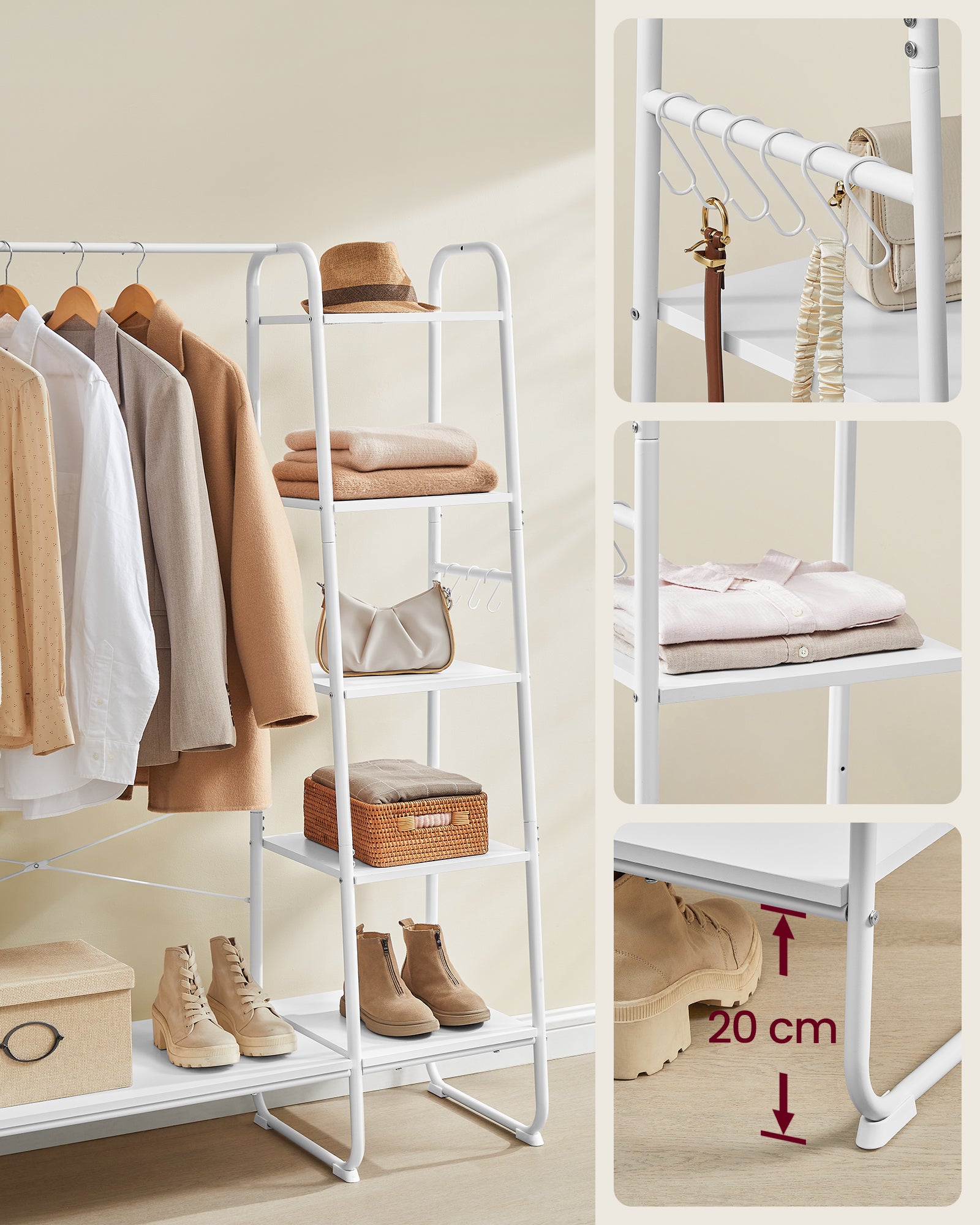 Porte-manteau sur Pieds, avec 5 Étagèress de Rangement, 6 Crochets, pour Chambre, Salon, Couloir, Style Industriel, Blanc Nuage et Blanc Mat - 4