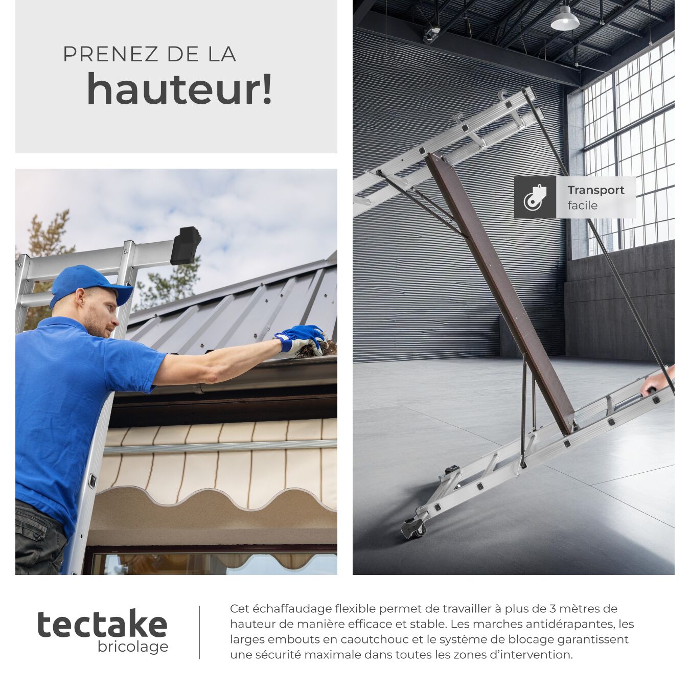 Échafaudage multifonctionnel en aluminium grande surface de travail facile à déplacer 160 x 70 x 109 cm argent TECTAKE - 5