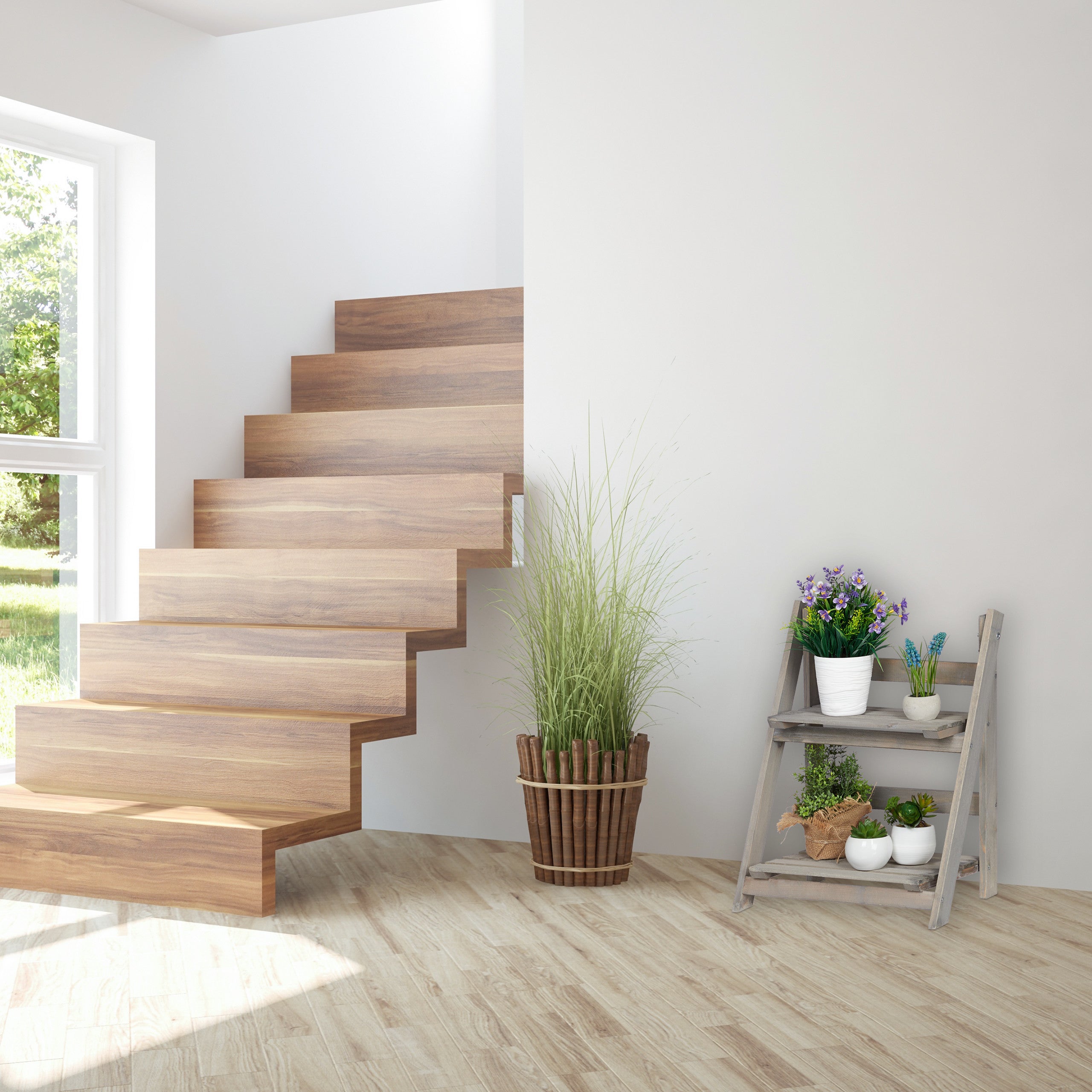 Escalier à fleurs, étagère bois, Escalier plantes échelle pliante intérieur, HxlxP: 51,5 x 41 x 24 cm, gris, Relaxdays - 2