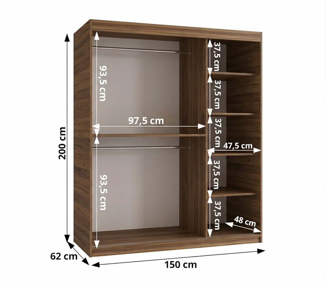 Szafa przesuwna z lustrem SIMA T3 150 x 62 x 200 orzech + u. złoty - 4