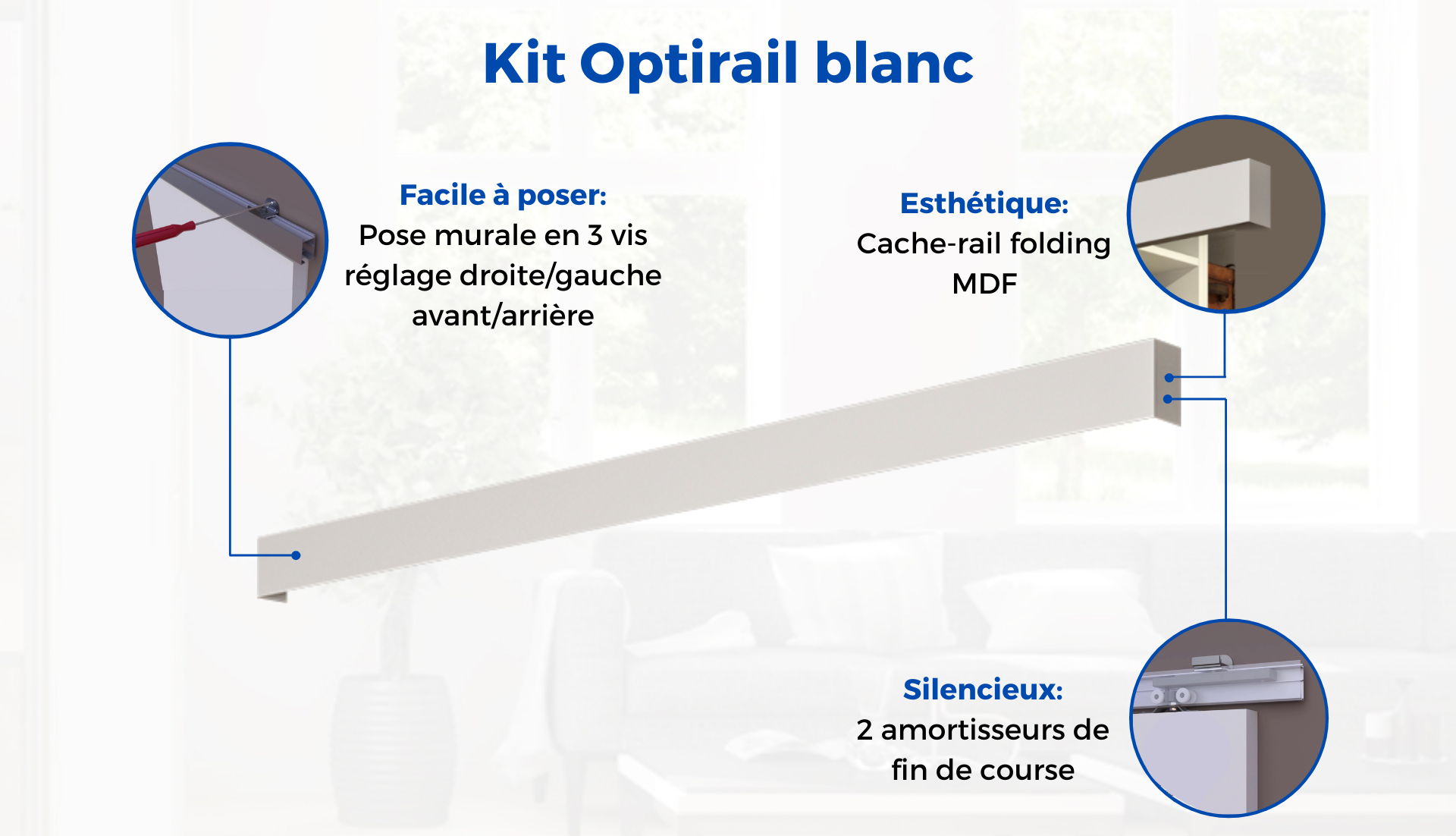 Kit porte coulissante - Blanc - rail 2 amortisseurs + cache rail blanc - H 204 x L 83 cm - 4