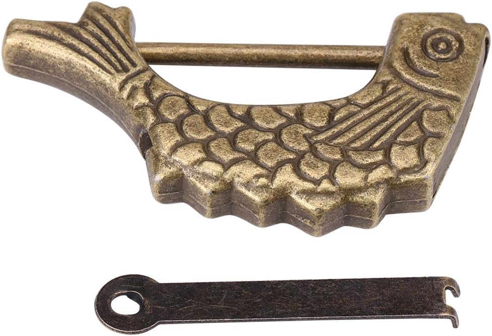 Metalowa kłódka w kształcie ryby, styl antycznego brązu, styl starożytnych Chin, z kluczykiem, do szuflady lub szkatułki na biżuterię, 59 × 31 mm