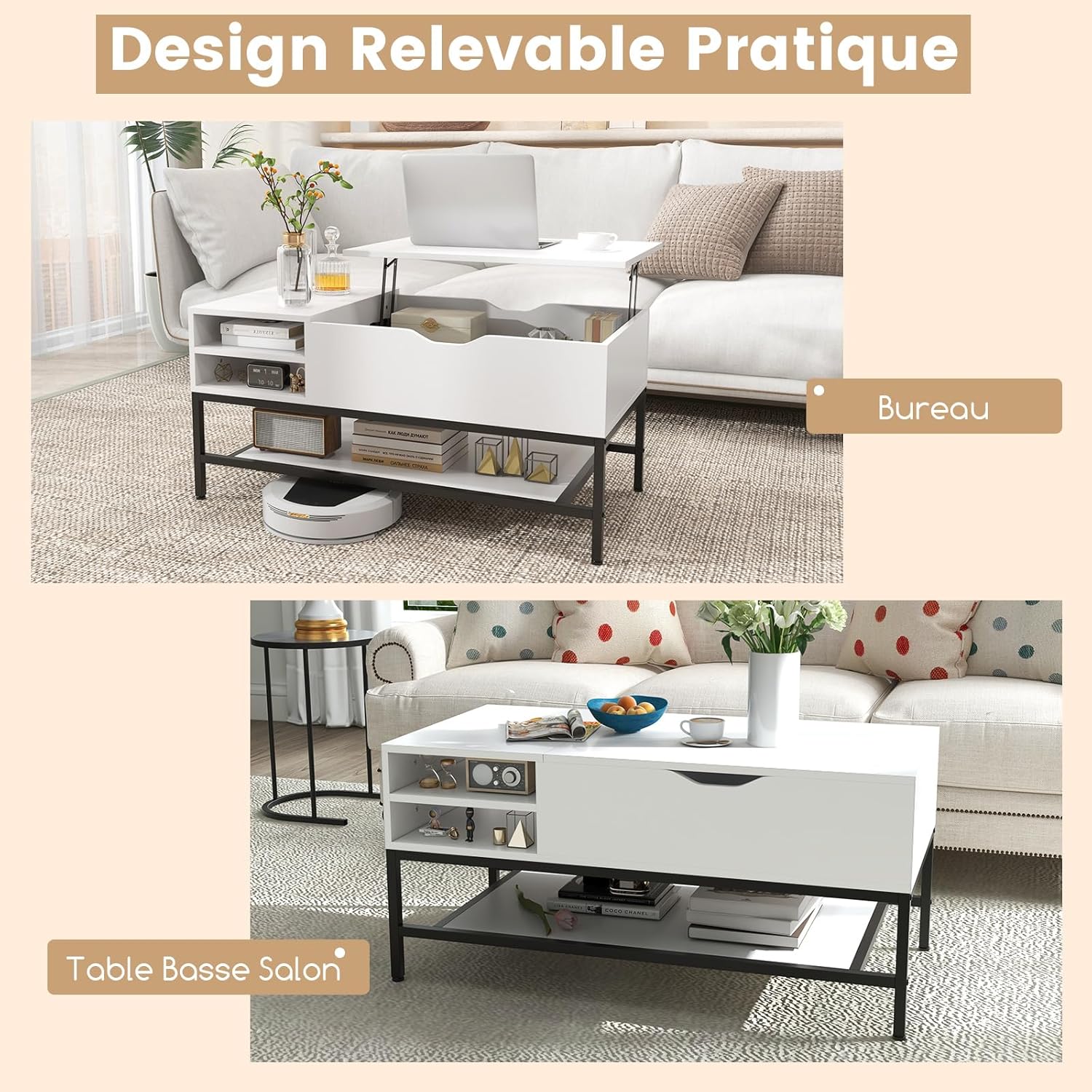 Stolik Kawowy z Podnoszonym Blatem i Regulacją Wysokości, Stół do Salonu z Ukrytym Schowkiem i Wyjmowaną Półką, Wysuwany do Domu, Biura (Biały) - 7