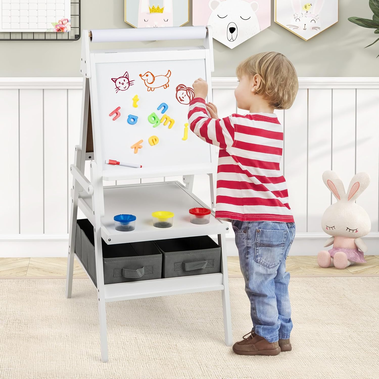 Tableau Enfant Double Face 3 en 1, Chevalet Enfant avec Tableau Blanc Noir et Rouleau de Papier, Chevalet Peinture en Bois, pour 3 à 6 Ans (Blanc) - 2