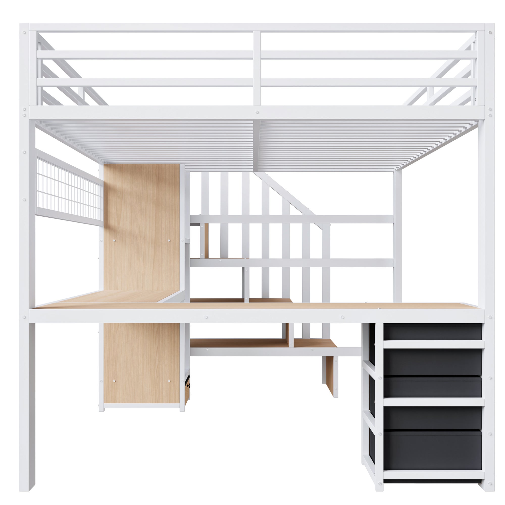 Lit mezzanine 140 x 200 cm avec bureau intégré, Lit adulte structure en fer avec penderie LED, 4 tiroirs et escalier de rangement, sans matelas, Blanc - 9