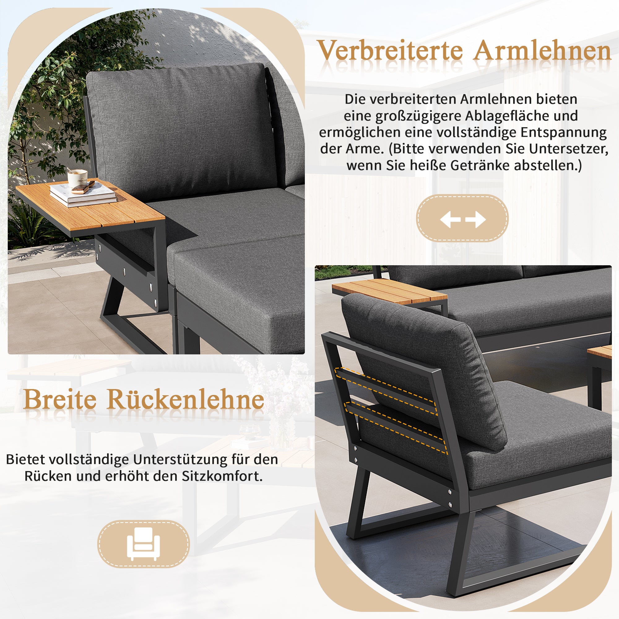 Salon de jardin en fer forgé pour 7 personnes, canapé de jardin en forme L, mobilier pour balcon et terrasse, ensemble de 5 pièces, avec coussins gris - 7
