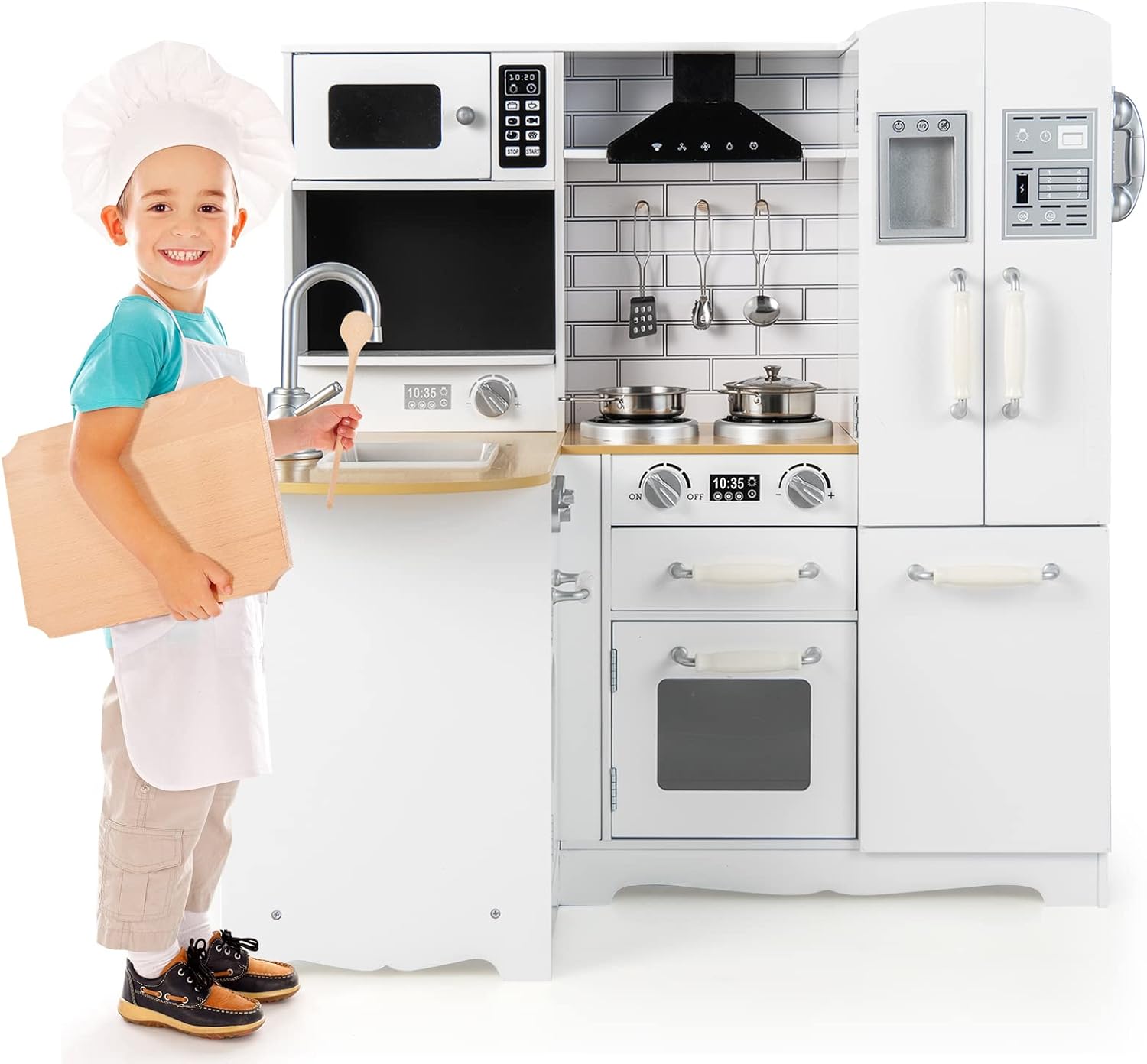 Cuisine Enfants avec Réfrigérateur & 12 Accessoires Jeu de Cuisine avec Machine à Glaçons Espace de Stockage Lumière & Son pour 3 Ans