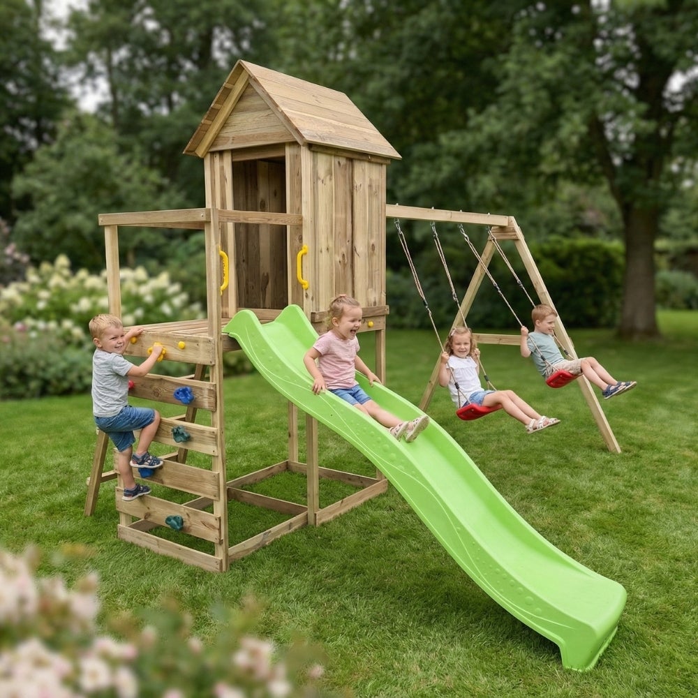Cabane surélevée en bois pour enfants Maxplay 5 avec toboggan vert, double balançoire et mur d’escalade - 6