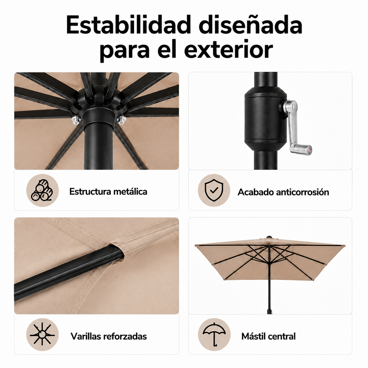 Parasol de jardin réglable 3 mètres avec manivelle couleur kaki - 6