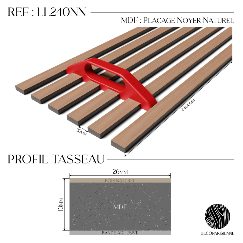 Pannelli decorativo in noce naturale - Dima di posa fornita - Superficie di 1,2 m2 - Pannello listelli su misura - 2