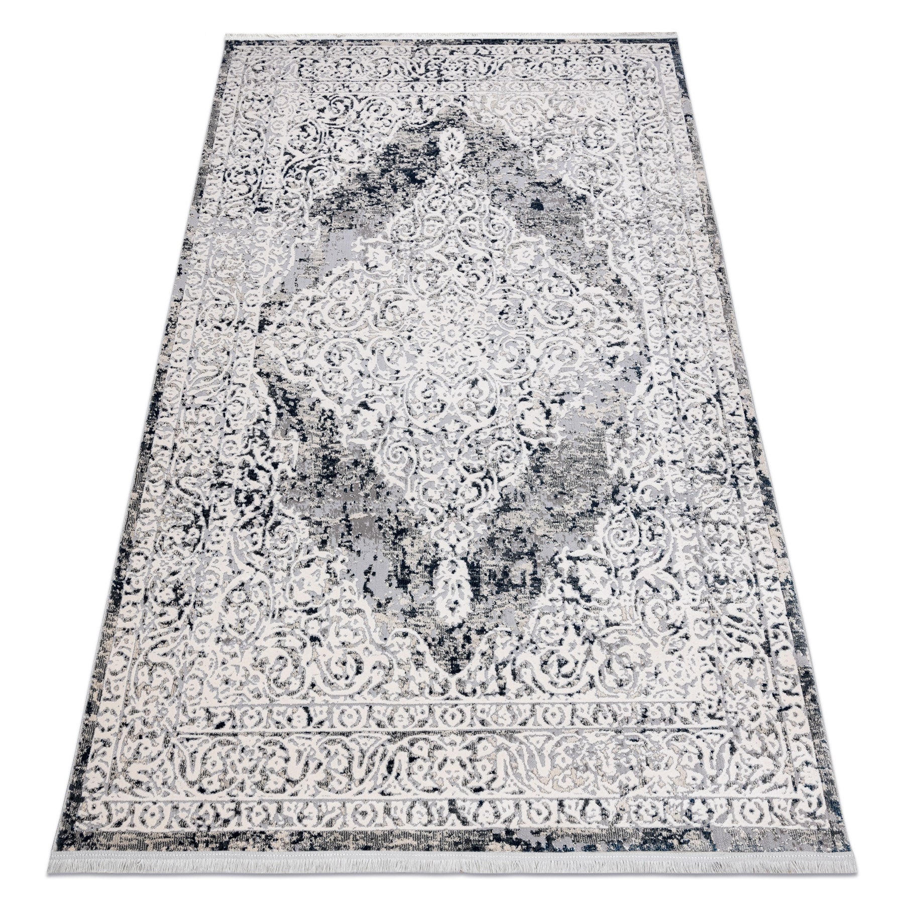 Dywan REBEC nowoczesny frędzle 51122A - dwa poziomy runa krem / granat 80x150 cm