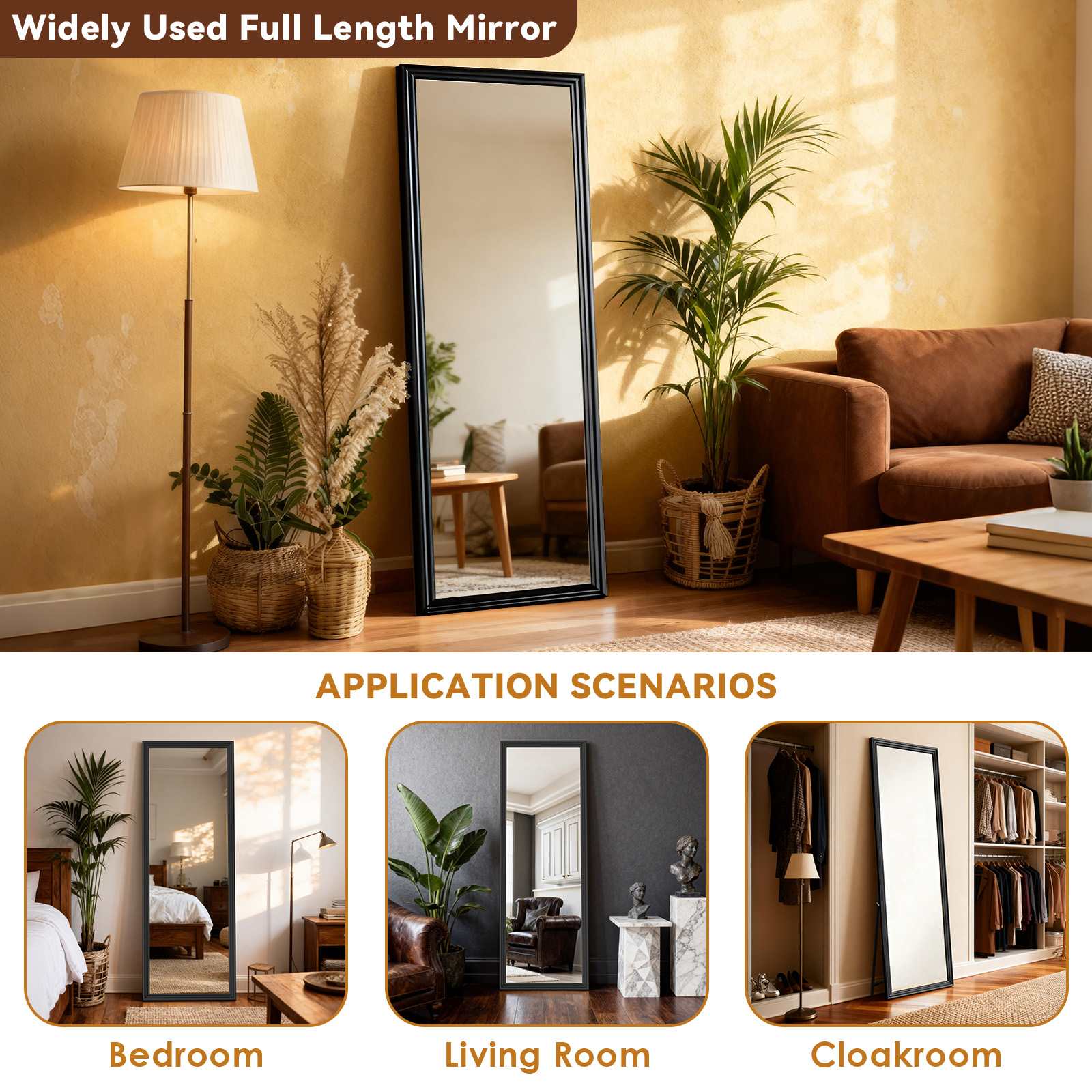 Specchio da terra, specchio quadrato a figura intera, elegante cornice in legno, specchio da camera da letto, 160x50 cm con supporto, nero - 4